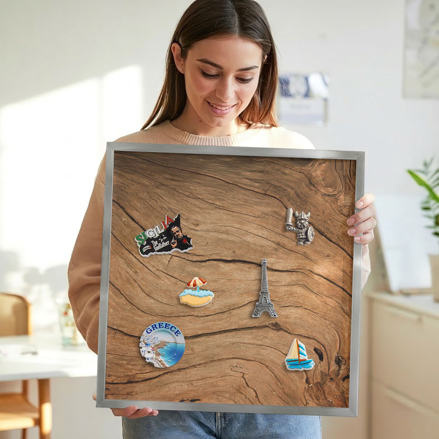 Tulup Magnettafel Braun mit schwarzem Rahmen, Wandtafel für Büro, für Fotos und Notizen, Holzmaserung, Braun
