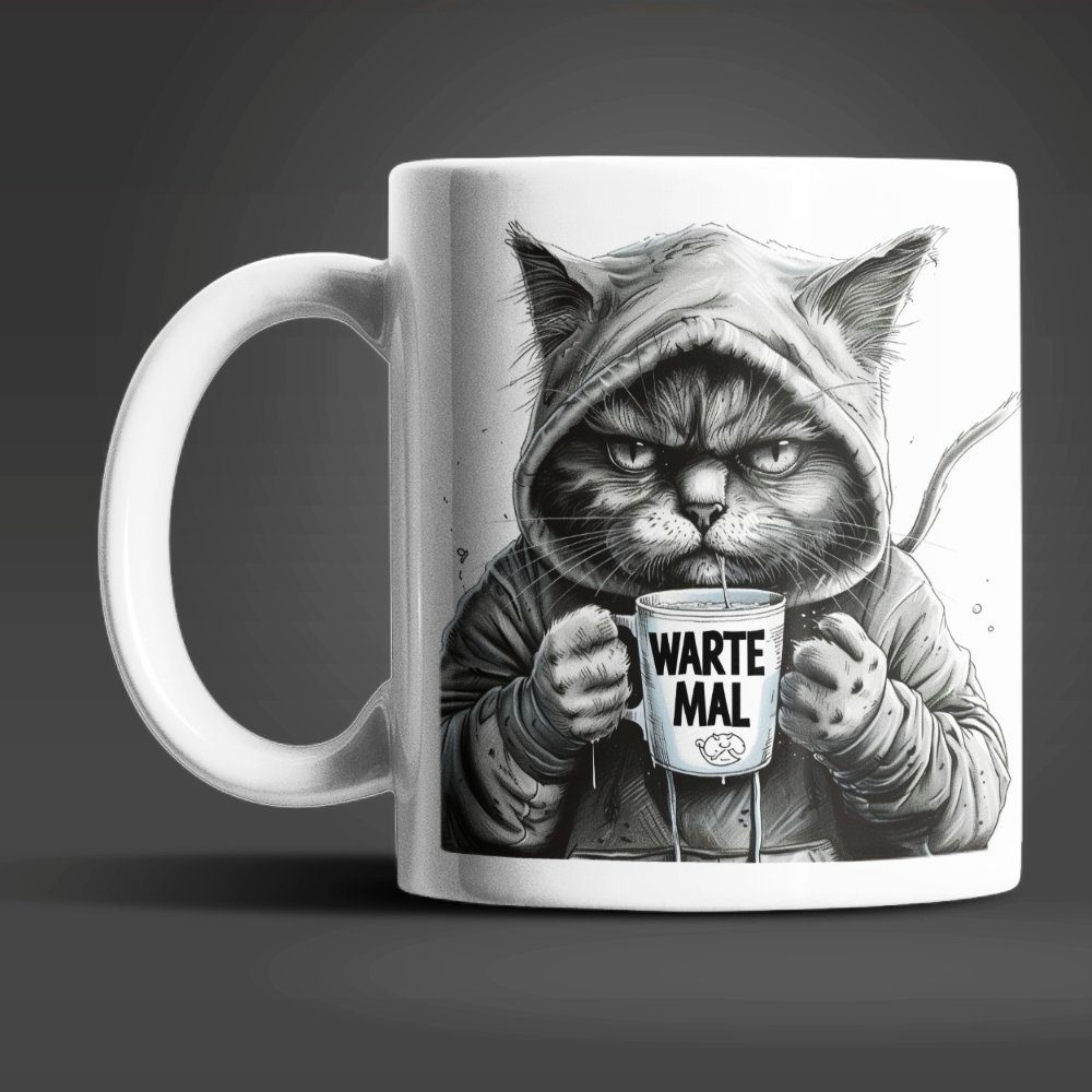 Tasse Katze im Hoodie witzige Keramik Kaffeetasse Teetasse