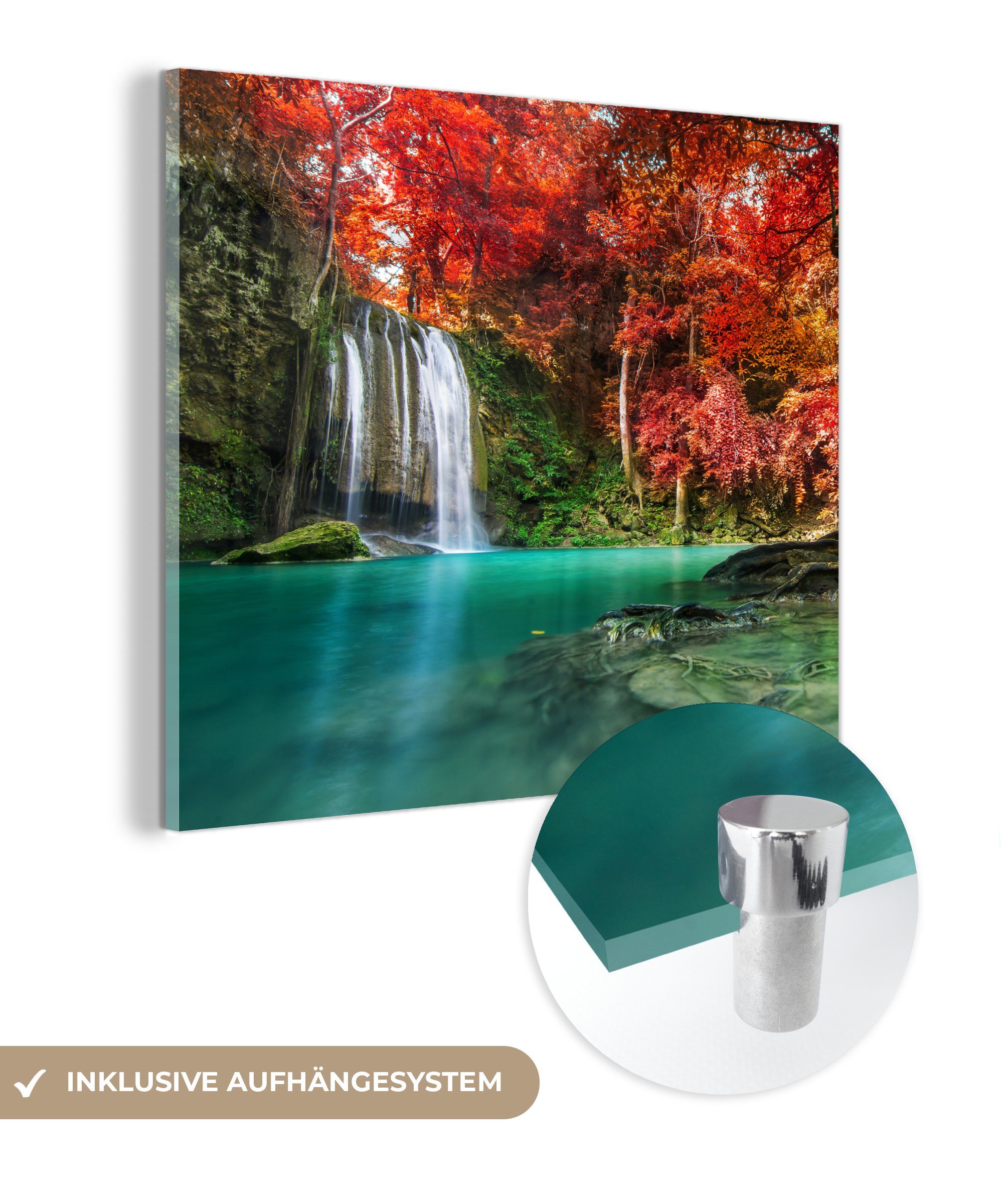 MuchoWow Acrylglasbild Wasserfall - Baum - Rot - Herbst - Wasser, Inkl. Aufhängung, Bilder auf Glas Wandbild, Wanddeko Wohnzimmer Badezimmer, 20x20 cm
