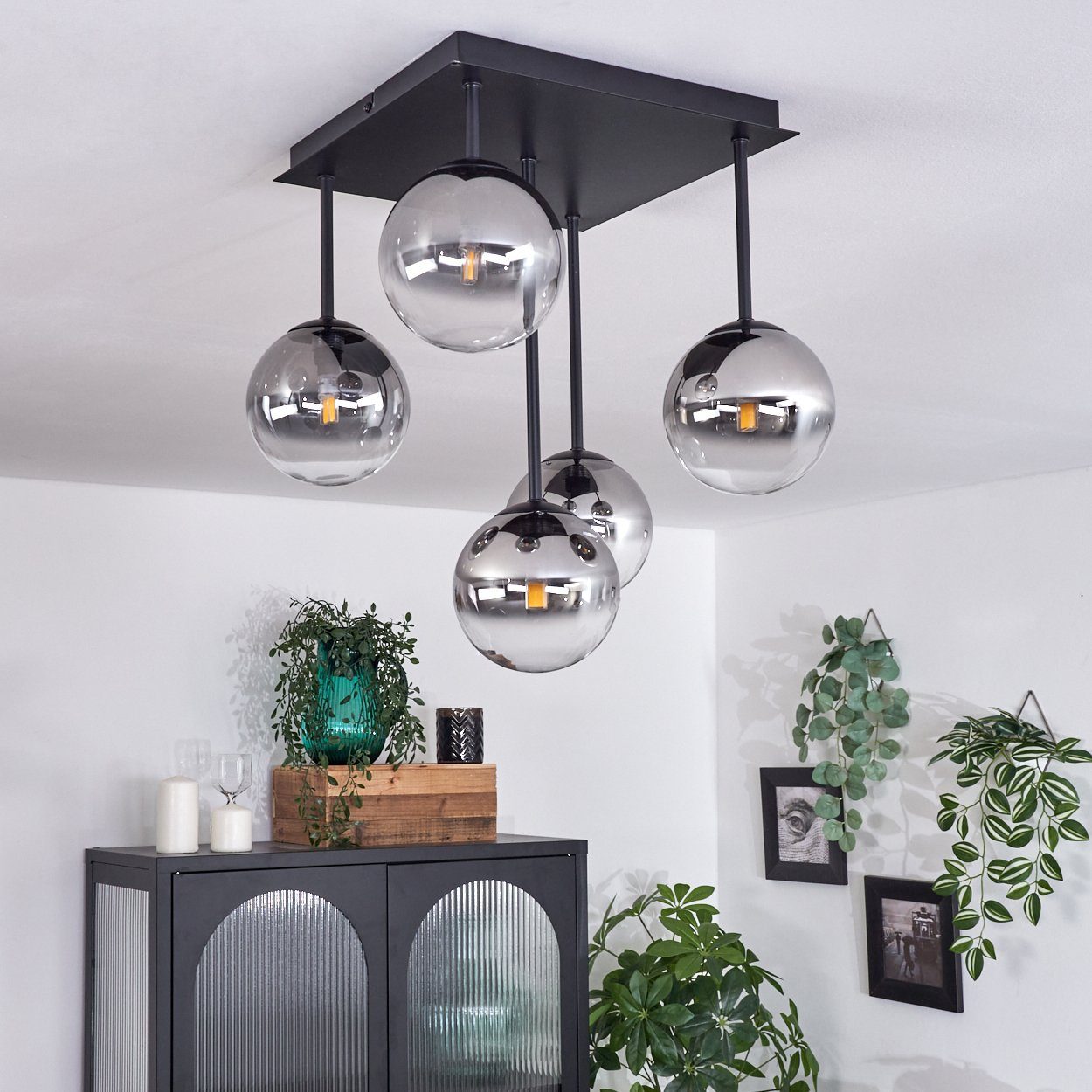 hofstein Deckenleuchte Deckenlampe aus Metall/Glas in Schwarz/Rauchfarben/Klar, ohne Leuchtmittel, Leuchte im Retro-Design aus Glas, 5 x G9 LED, ohne Leuchtmittel