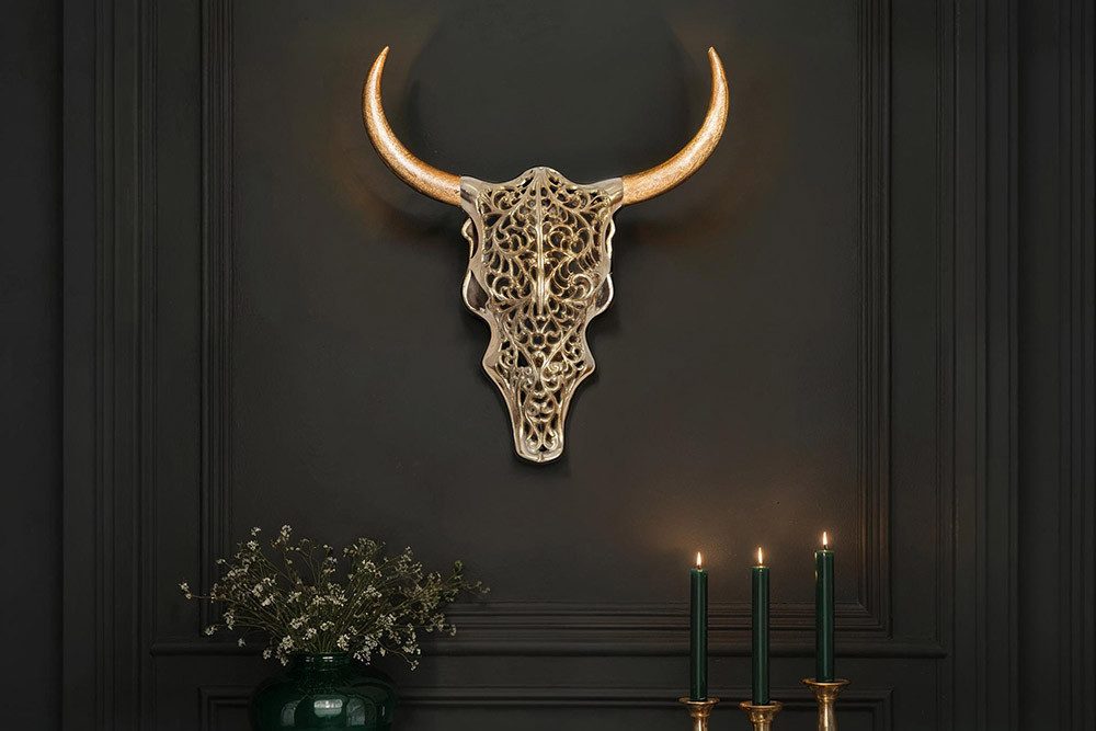 riess-ambiente Wanddekoobjekt EXOTIC BULL 57cm gold/natur - Metall, Mangoholz, Stierkopf, handmade, Tierische Skulptur - ideal für Wohn- und Schlafzimmer oder Flur