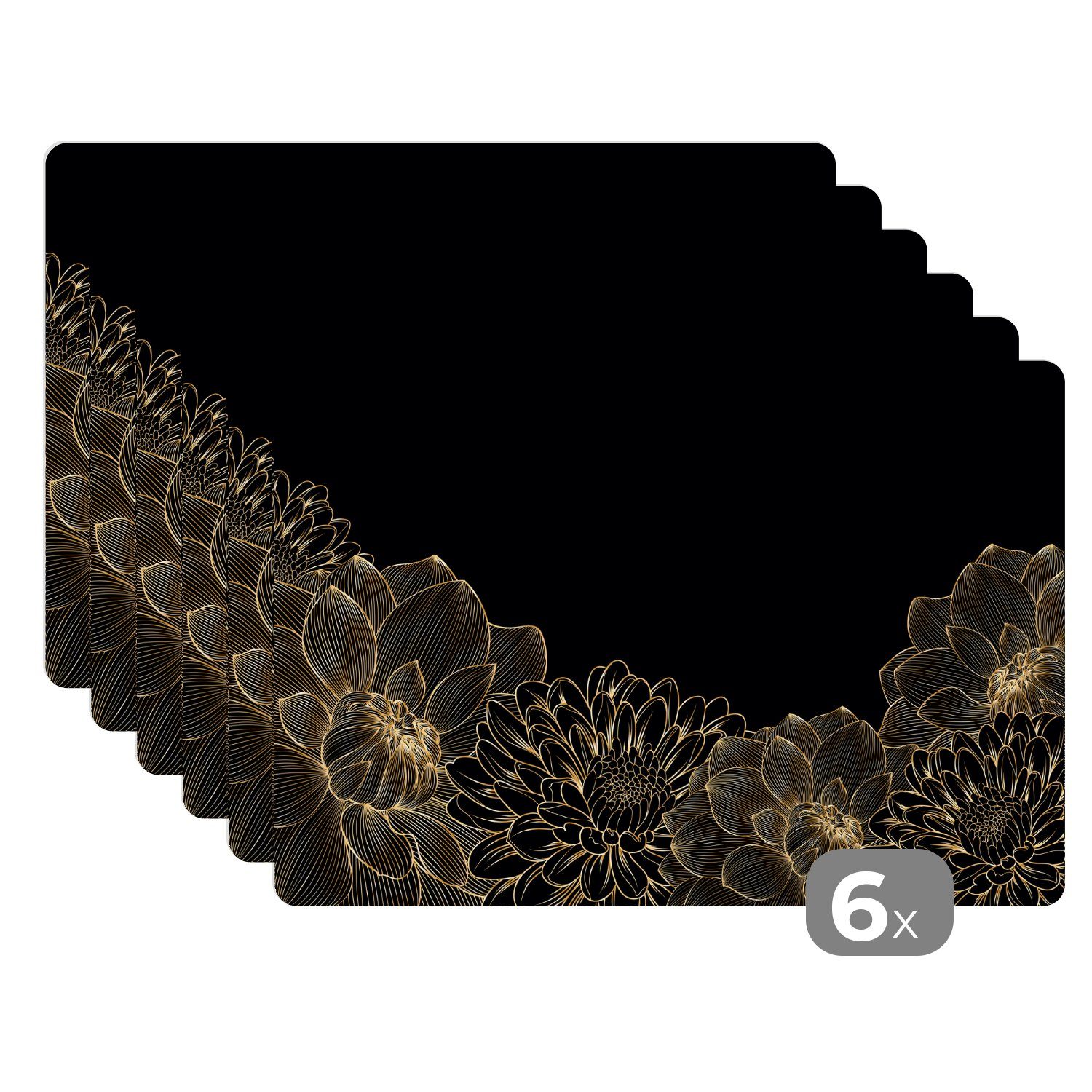 MuchoWow Platzset Blumen - Linienkunst - Gold - Schwarz, (6-St), Platzsets, Tischset, Abwaschbar, Tischsets, Platzdeckchen