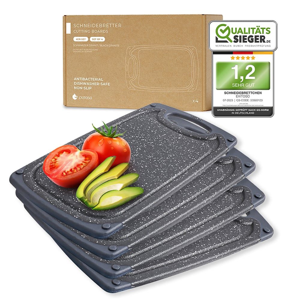Exitoso Schneidebrett 4er-Set spülmaschinenfest mit Saftrille, Kunststoff, (4-St), Brotzeitbrett Frühstücksbrettchen Brot Obst Steak rutschfest