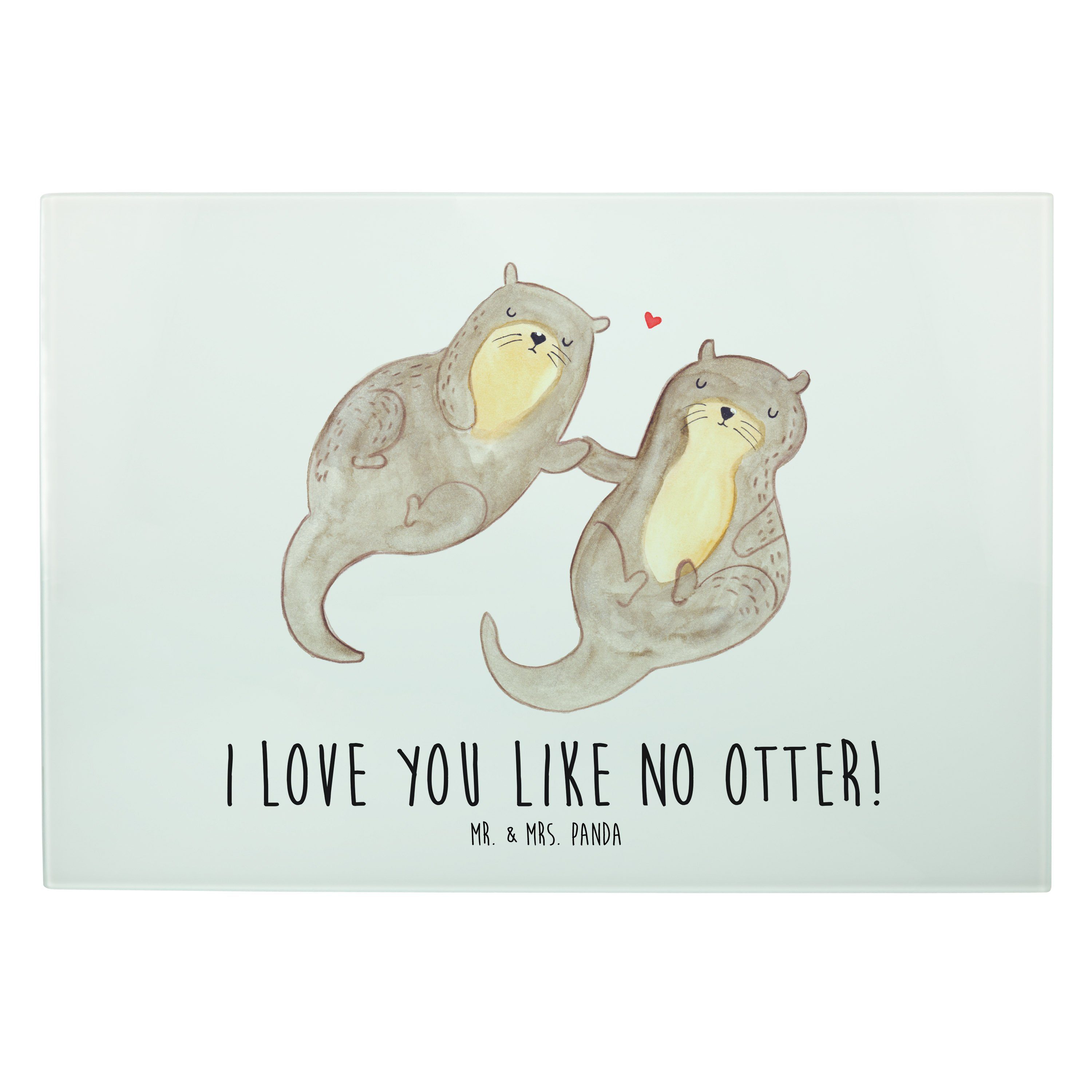 Mr. & Mrs. Panda Servierbrett Otter händchenhaltend - Weiß - Geschenk, Glasschneidebrett, Liebe, Se, Premium Glas, (1-St) | Servierbretter
