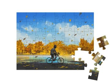 puzzleYOU Puzzle Junge auf einem Fahrrad mit Blick auf den Herbst, 48 Puzzleteile, puzzleYOU-Kollektionen Illustrationen