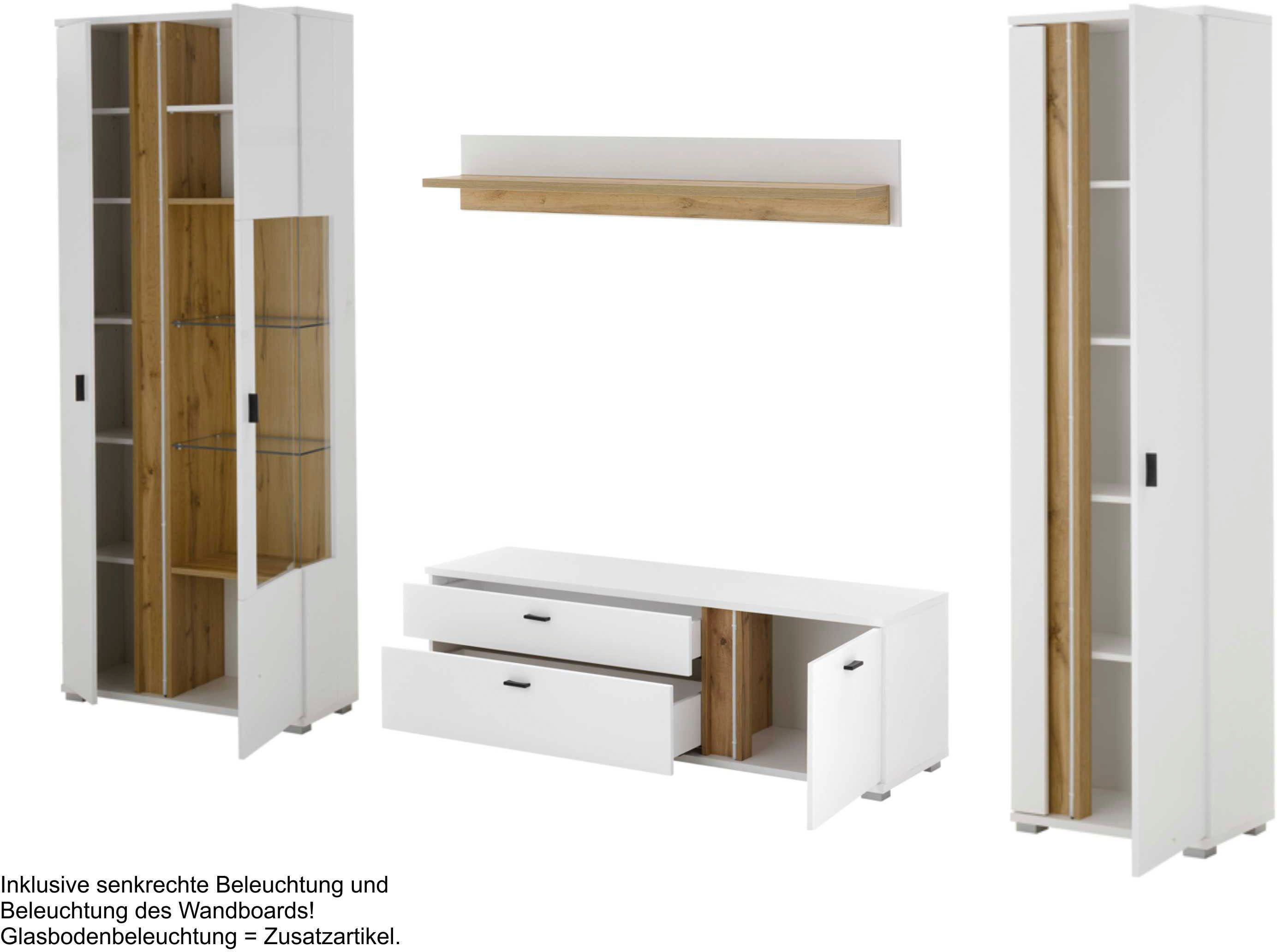 Home affaire Wohnwand LONG ISLAND, (Set, 4-St), in moderner Trendfarbe,inklusive senkrechter Beleuchtung,Breite 305 cm