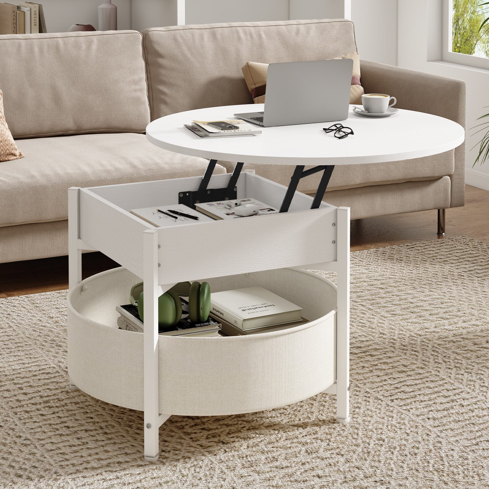 MSMASK Couchtisch Wohnzimmertisch mit Korb aus Stoff, höhenverstellbar (1-St), Rundes Lift-Top-Couchtisch, Beistelltisch, Kaffeetisch, 70x70x50 cm