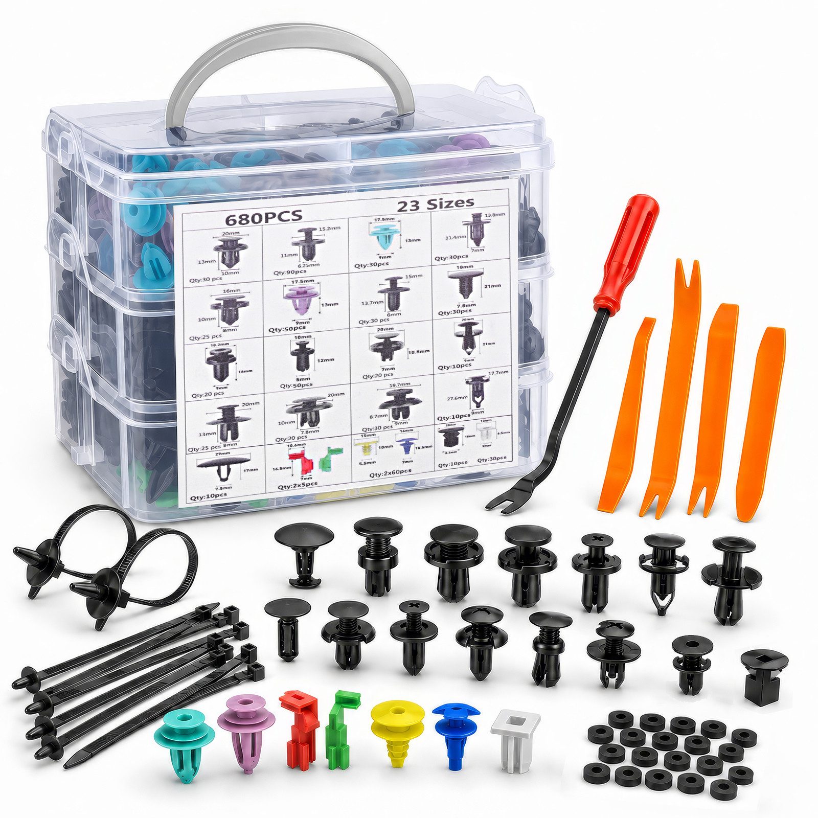 LEMLIT Leisten-Befestigungsclips 725 Stück Auto Befestigung Clips 16 Arten Befestigungclips, (725er Set, 725-St., Universal Türverkleidung Klammern,Befestigungsclips Auto), mit Demontage Werkzeuge, Kabelbinder und Schwammig Kissen