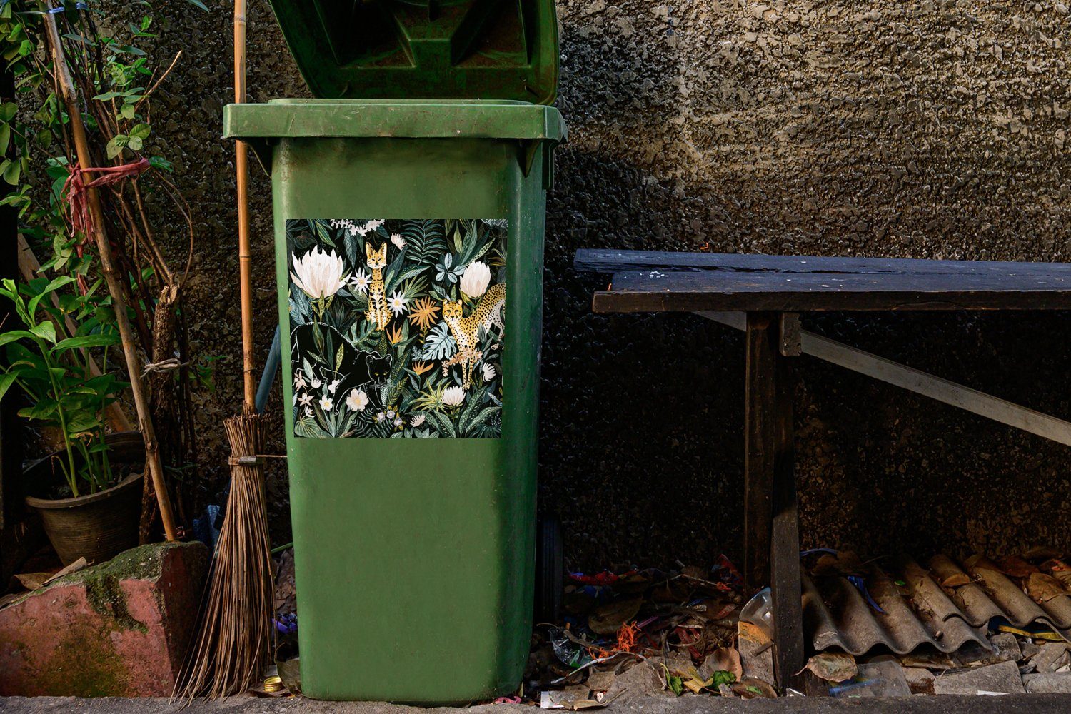 St), MuchoWow Abfalbehälter Mülleimer-aufkleber, - (1 Container, Dschungel Pflanzen Wandsticker Sticker, Leopard Panther Mülltonne, - -