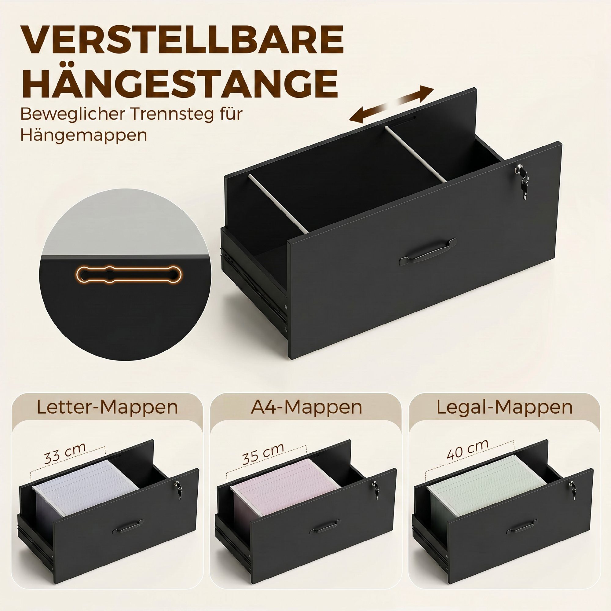 HOMCOM Aktenschrank Abschließbar Büroschrank mit 2 Schubladen, 3 Offenen Ablagefächern (Aufbewahrungsschrank, 1-St., Mehrzweckschrank) für Arbeitszimmer, Büro,  – Bild 5 von 5