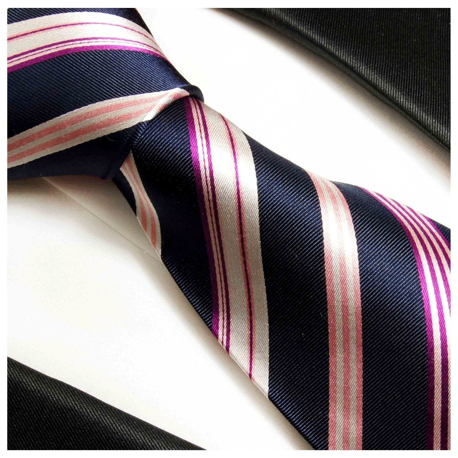 Paul Tuch dunkelblau (Set, (6cm), mit Krawatte Seidenkrawatte Krawatte 608 2-St., Schmal Herren Malone gestreift pink Seide Einstecktuch) modern 100% mit