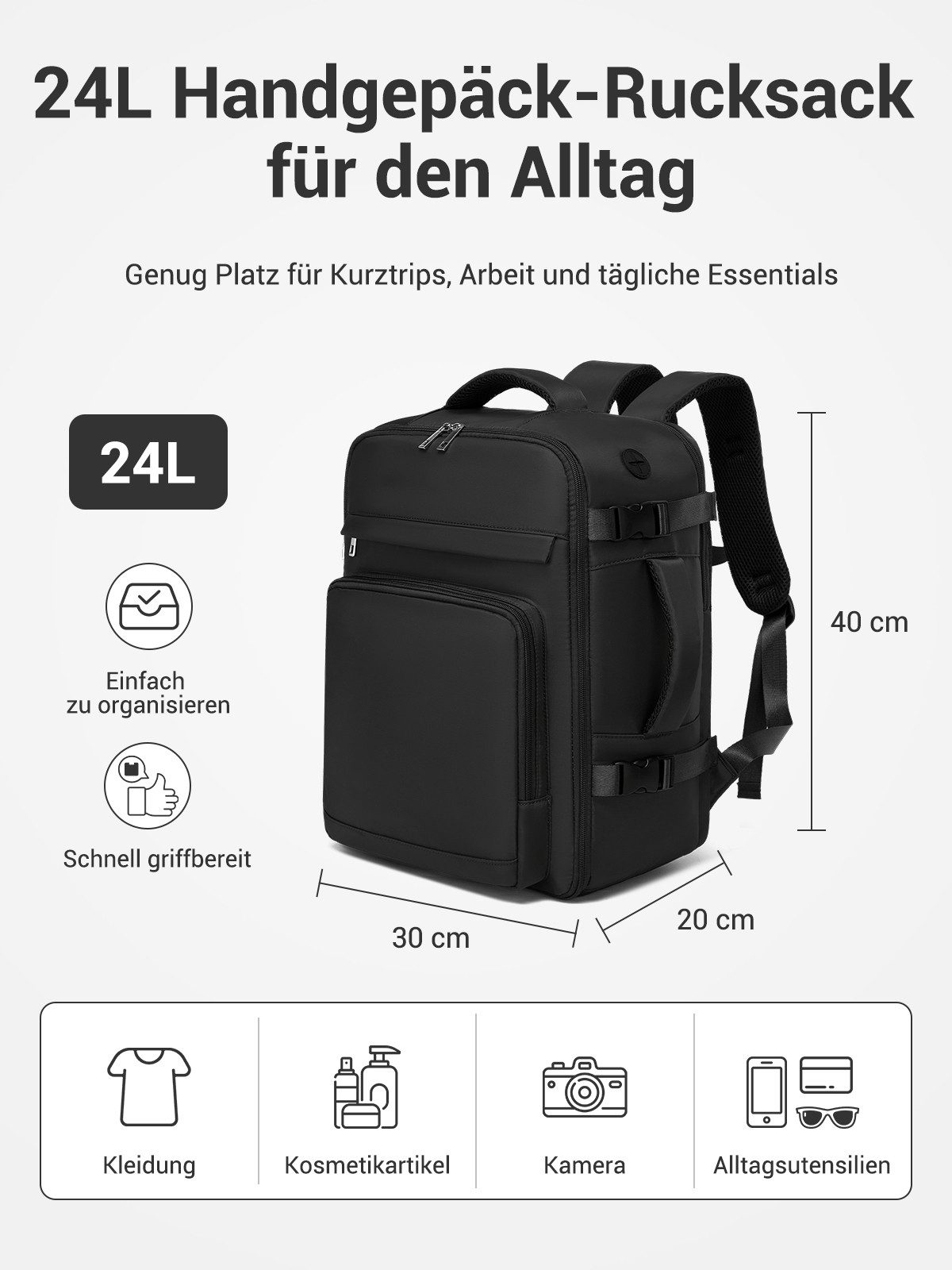 KONO Rucksack 40x30x20cm, Flugzugelassen mit USB-Anschluss & Nassfach