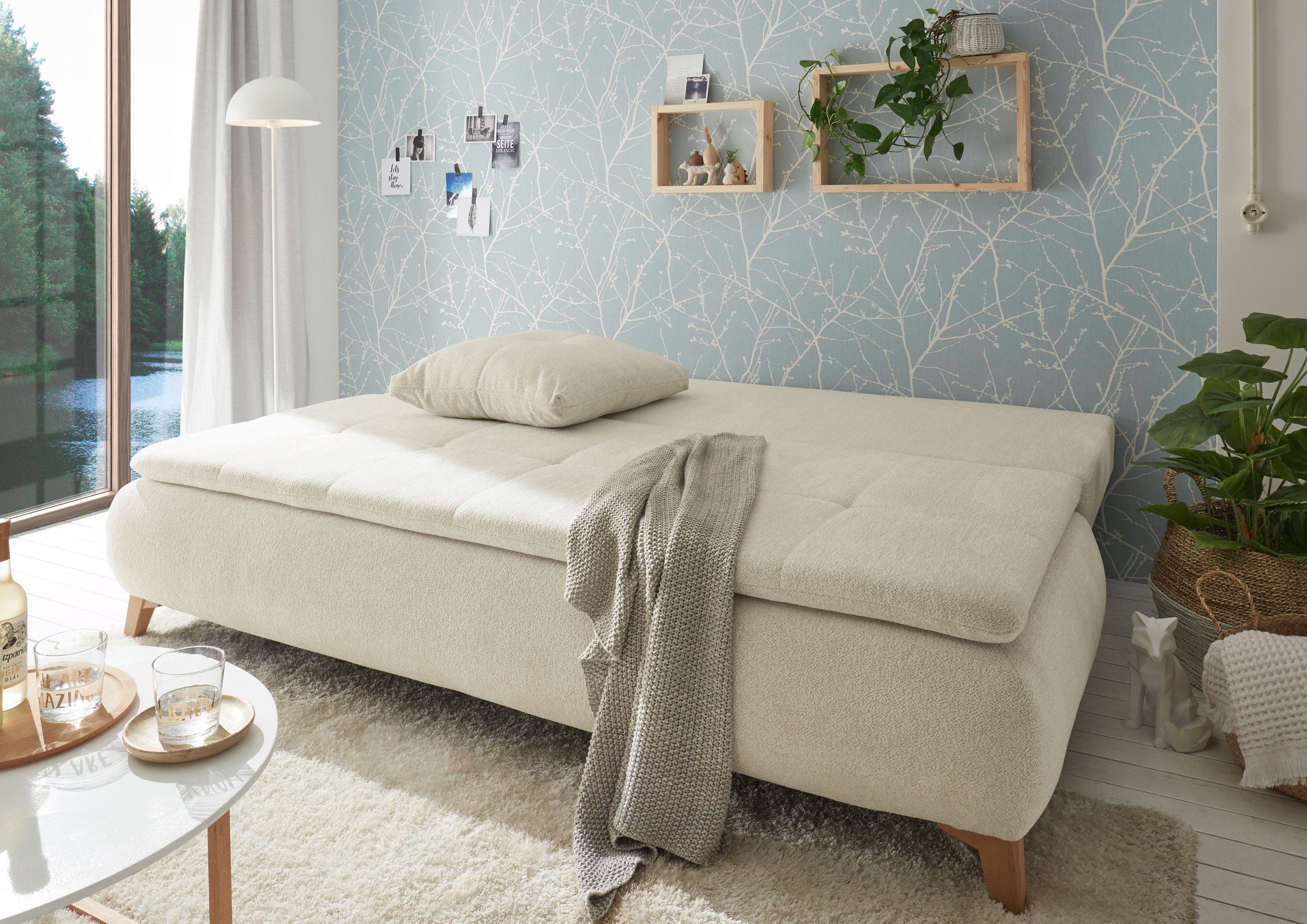 Magnus, ED Armlehnkissen Bettkasten, EXCITING Bettfunktion Schlafsofa und DESIGN sowie und beige mit Rücken-