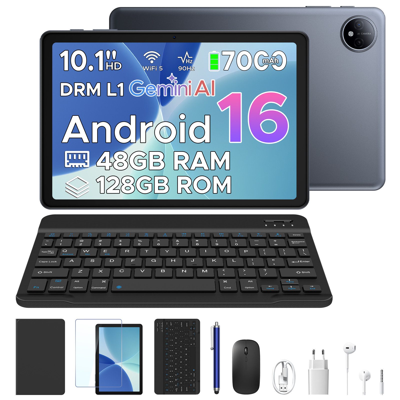 POCKAM P10 10,1 Zoll Android 16 Tablet mit Tastatur, 128GB ROM, 7000mAh, 90Hz Tablet (10.1", 128 GB, Android 16, WIFI, 48GB RAM (8 + 40 GB erweitert), Gemini AI, Widevine L1, Face Unlock)