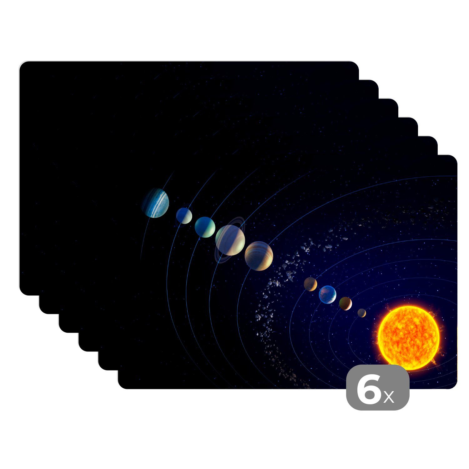 Platzset, Eine Illustration des Sonnensystems, MuchoWow, (6-St), Platzset, Platzdecken, Platzmatte, Tischmatten, Schmutzabweisend