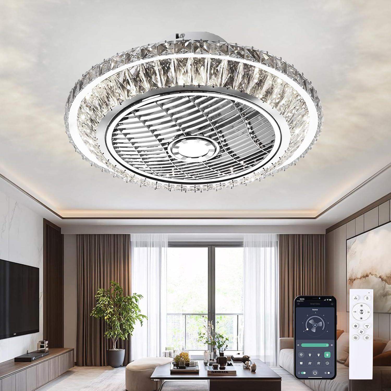 RRBEST Deckenventilator LED Deckenventilator, Leise Kristall Ventilator Kronleuchte, 72W Moderne Fan Deckenlampe mit Fernbedienung