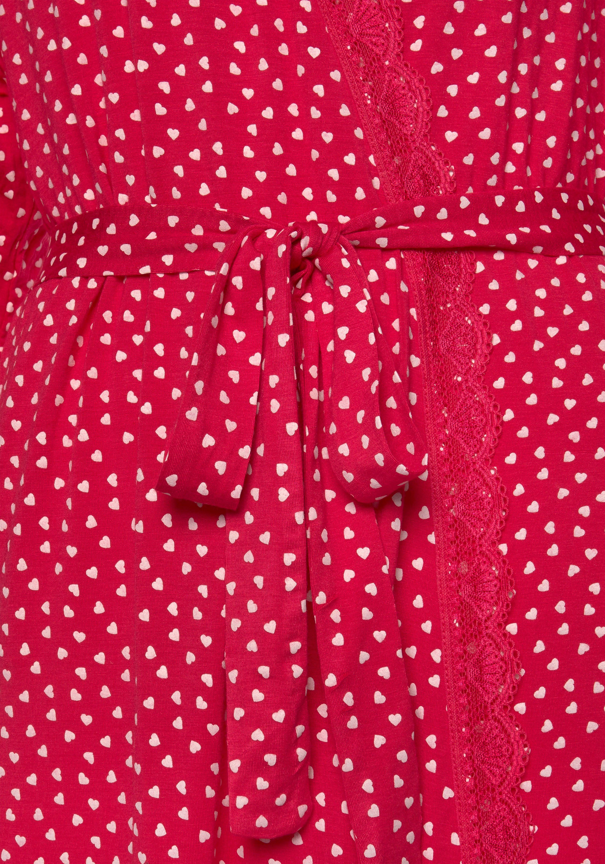Kimono, s.Oliver Single-Jersey, Gürtel, Kurzform, mit Spitze und Herzchendruck pink-gemustert