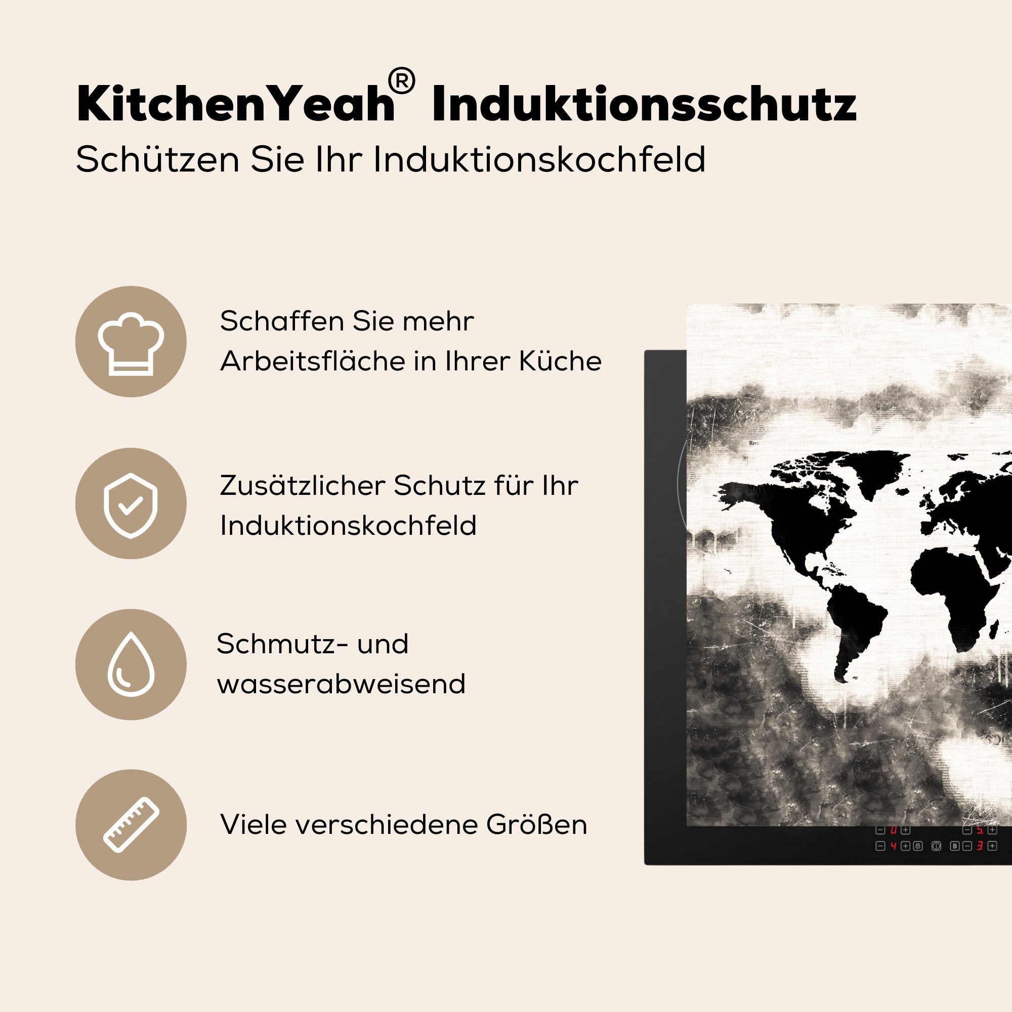 MuchoWow Herdblende-/Abdeckplatte Weltkarte - Schwarz - 78x78 Ceranfeldabdeckung, tlg), küche Vinyl, cm, für Holz, Arbeitsplatte (1