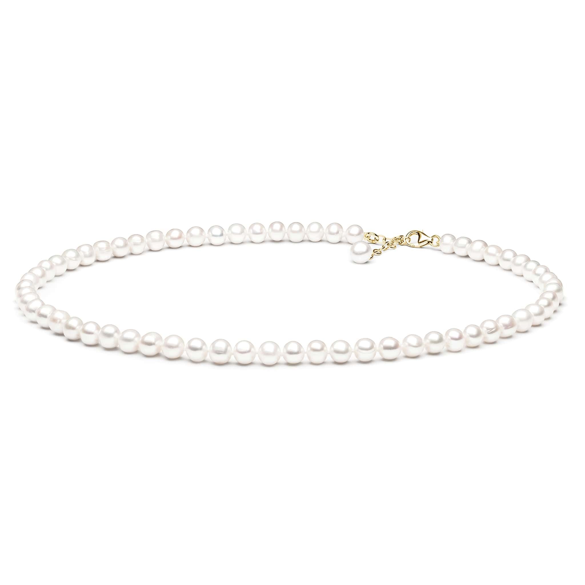 Gaura Pearls Perlenkette weiß, rund, 8 mm, 40-43 cm, 925er Sterlingsilber mit 585 Gelbgoldplattierung (1 Mikron)