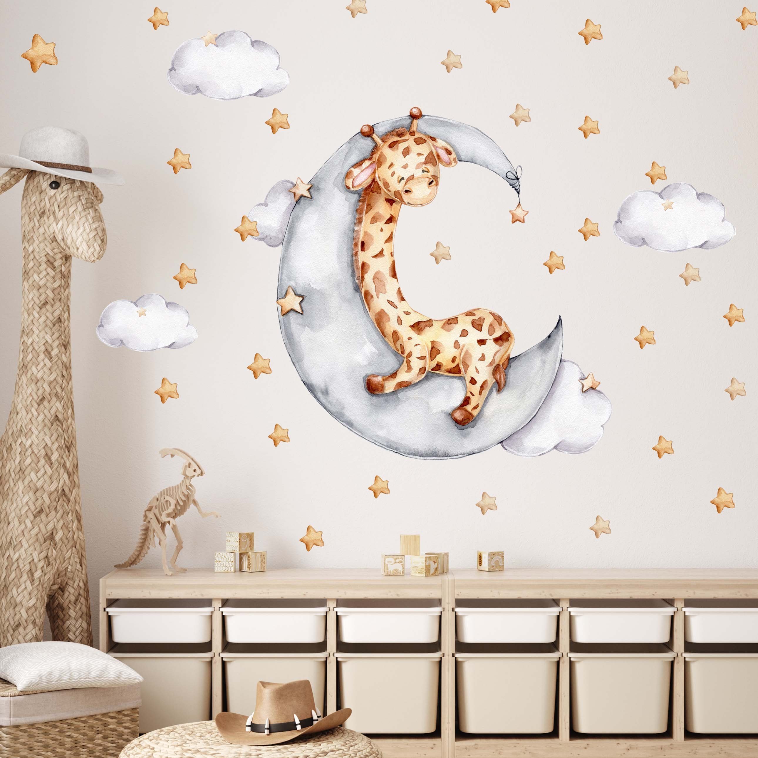 WANDKIND Wandtattoo Kinderzimmer Wandaufkleber / Giraffe auf Mond / V422, wieder ablösbar