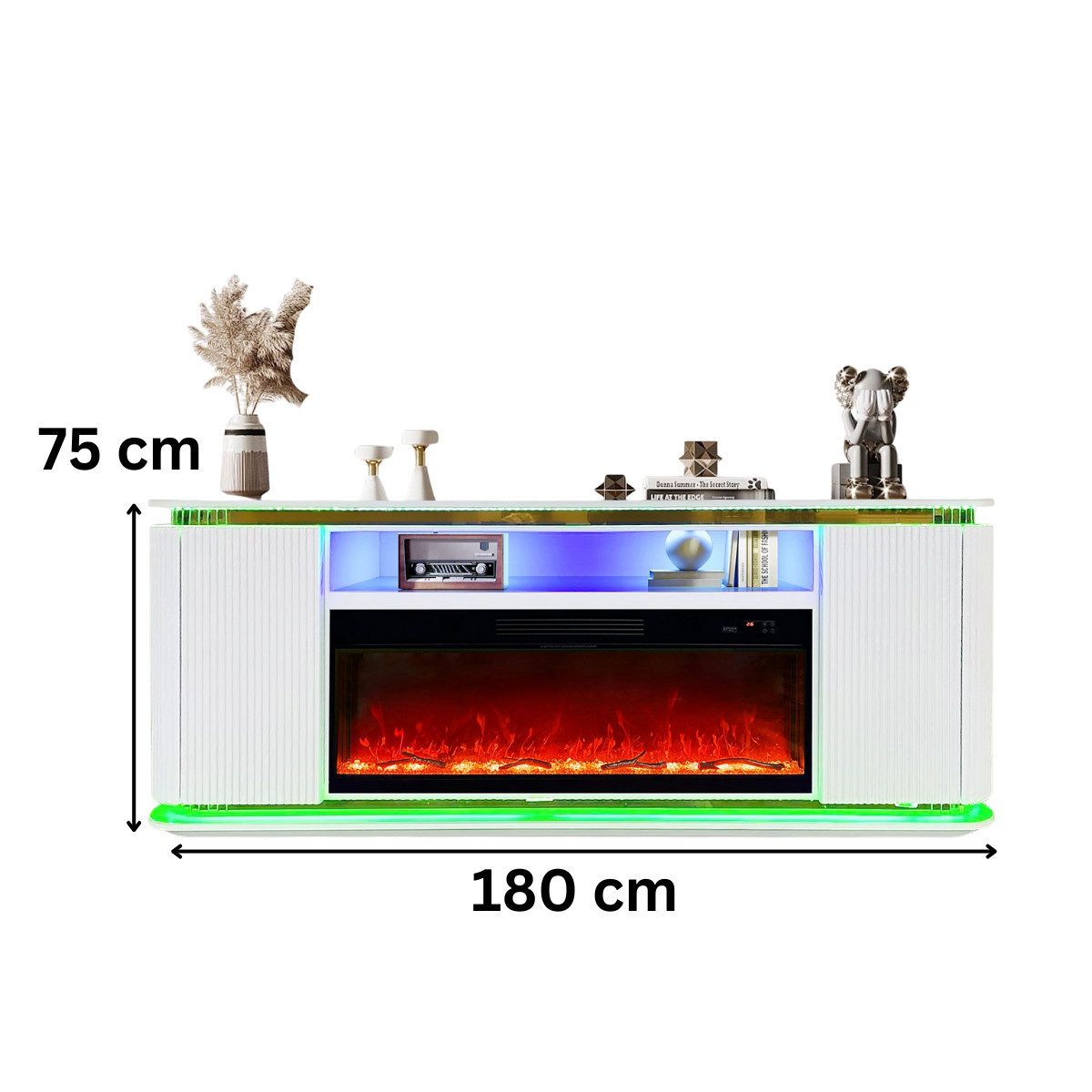 alesvelt TV-Schrank Luxus Sideboard FLAMEA Kamin Funktion LED 180cm (1-Schrank, 180X40X75H CM) LED-Kaminfunktion