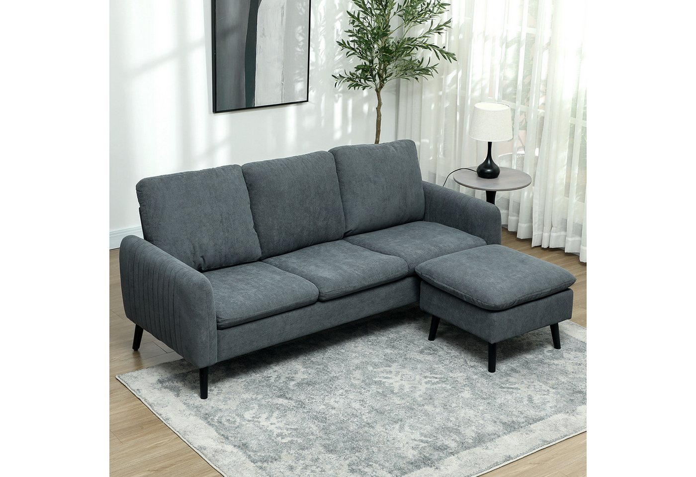HOMCOM Ecksofa Sofa mit Fußhocker, 3 Wurfkissen, Eckcouch für Wohnzimmer, Stoffbezug 1 Teile, L-förmiges Couch, Dunkelgrau
