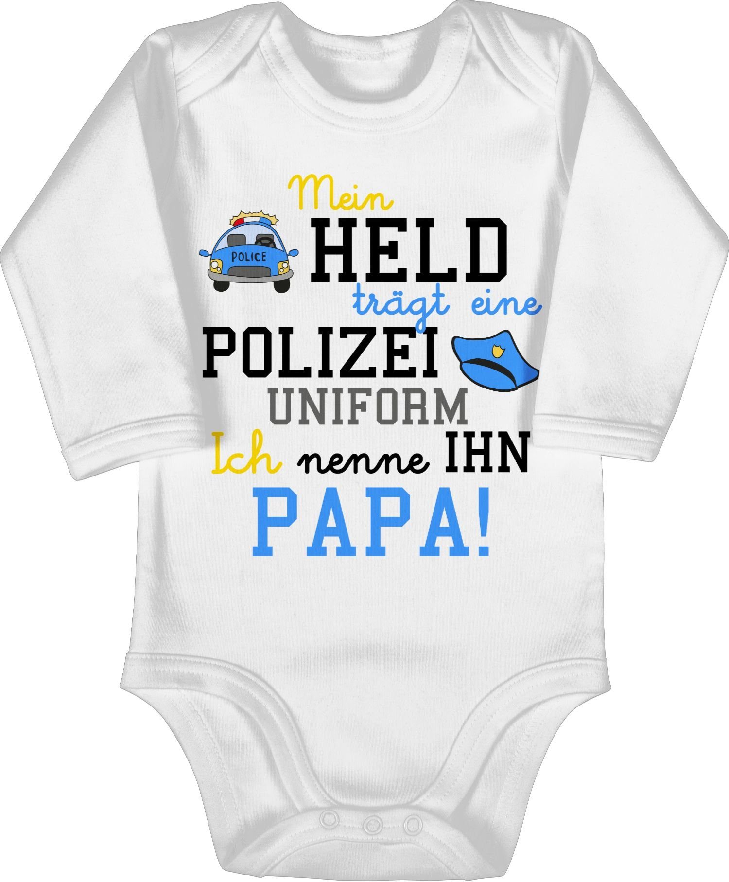 Shirtracer Shirtbody Mein Held trägt eine Polizeiuniform - Polizist Geschenk zur Geburt Sprüche Baby 1 Weiß