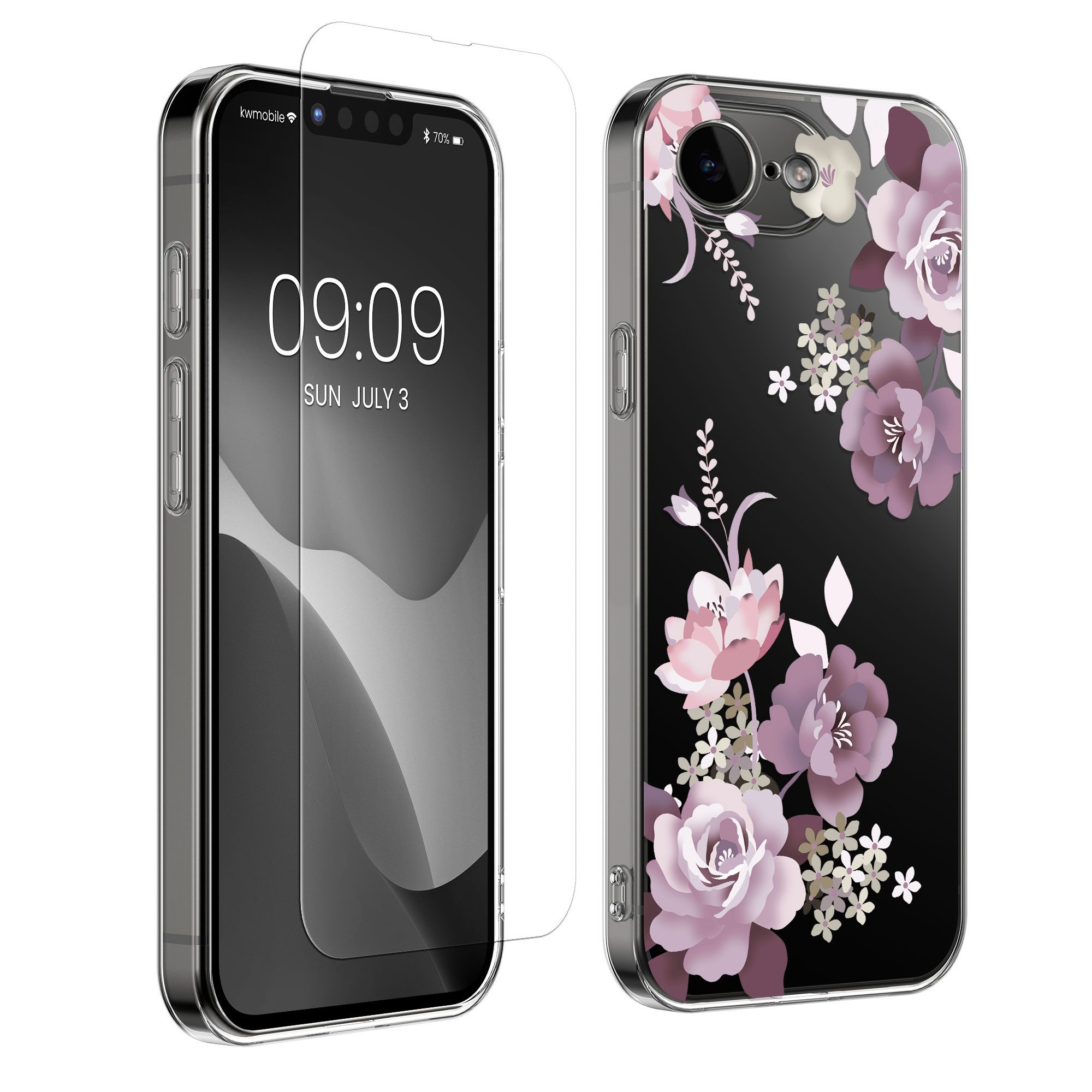 kwmobile Smartphone-Hülle Hülle für Apple iPhone 17e / iPhone 16e Handyhülle - Silikon, Case mit Schutzfolie Blumenblüten und Rosen Design