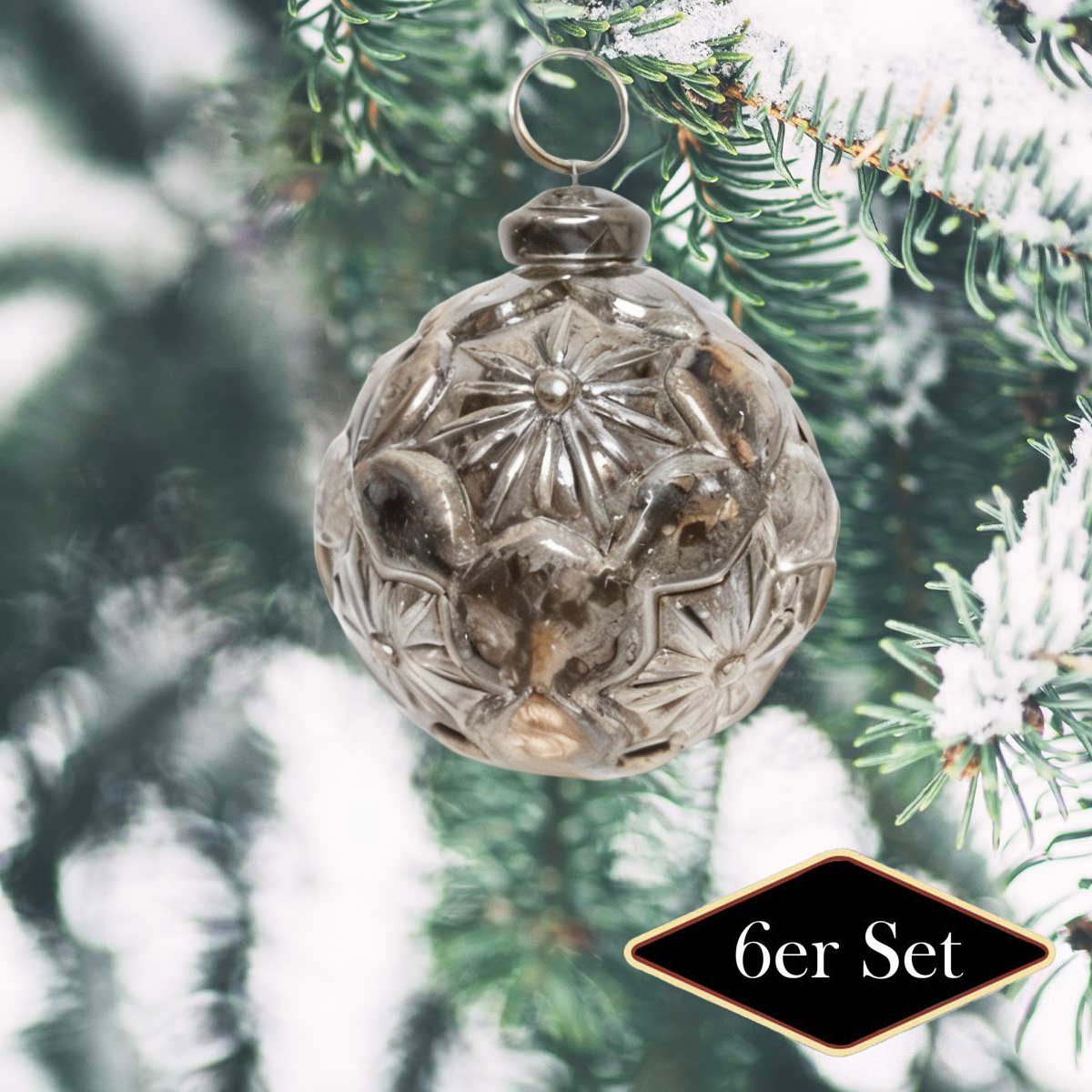 Antikas Weihnachtsfigur Premium Weihnachtskugel rund silbern, glänzend - handgemacht in