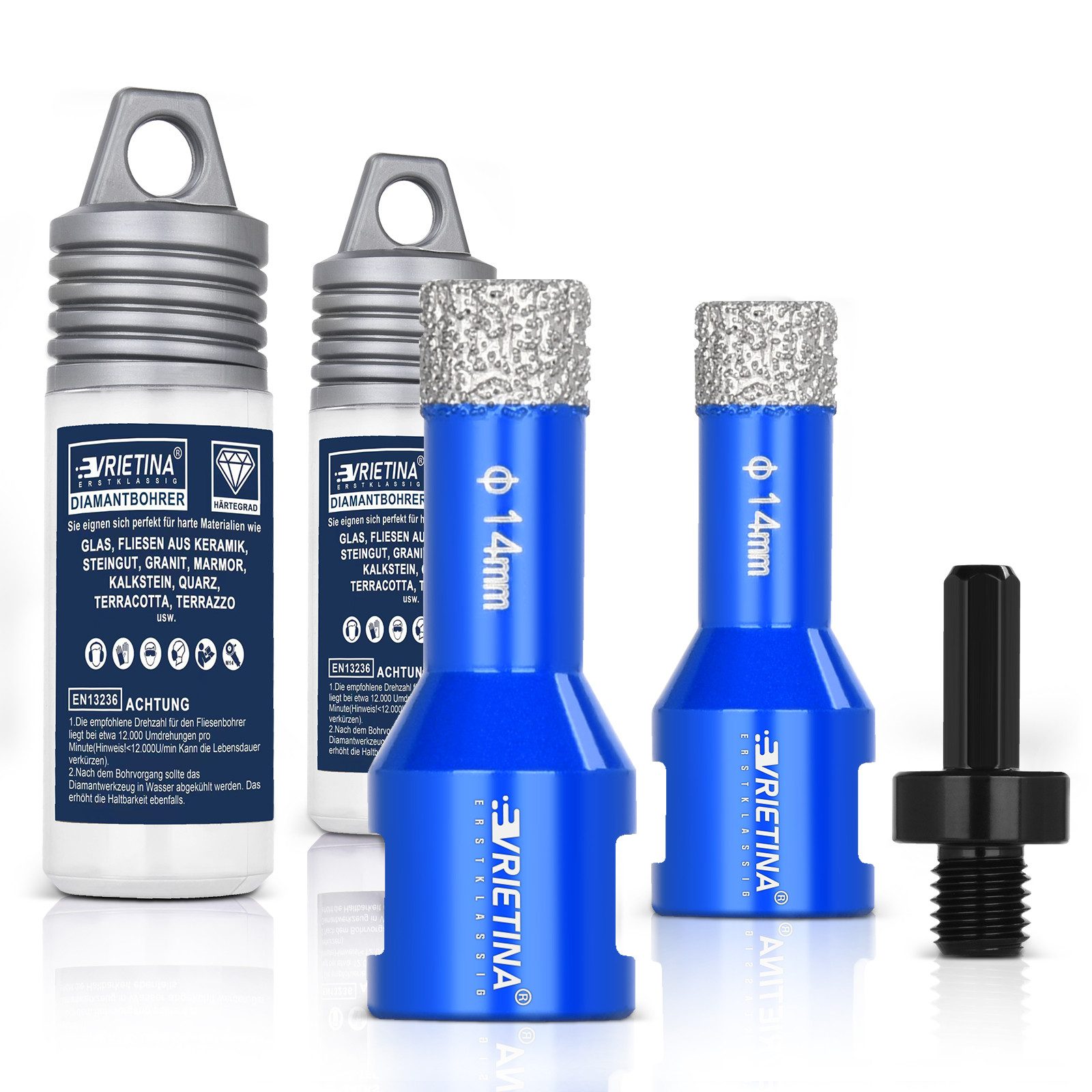 XERSEK Bohrkrone 2x 14mm+M14 HEX Adapter Diamant Fliesenbohrer Diamantbohrer Glasbohrer, Ø 14 mm, Nass- / Trocken Bohrkrone für Winkelschleifer, Diamant Lochsäge