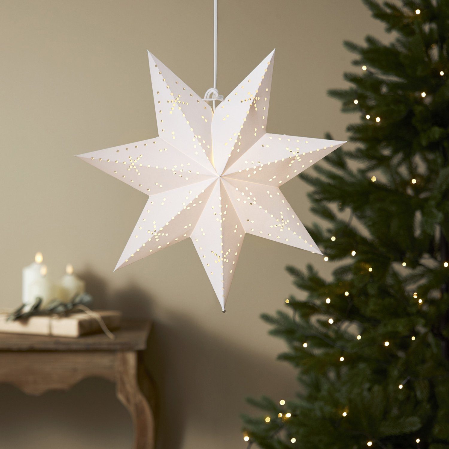 MARELIDA LED Stern Papierstern Leuchtstern Weihnachtsstern Faltstern 45cm mit Kabel weiß