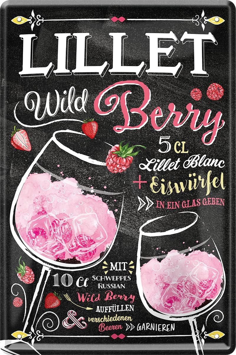 WOGEKA ART Metallbild Lillet Wild Berry - Cocktail - 20 x 30 cm Retro Blechschild Bar