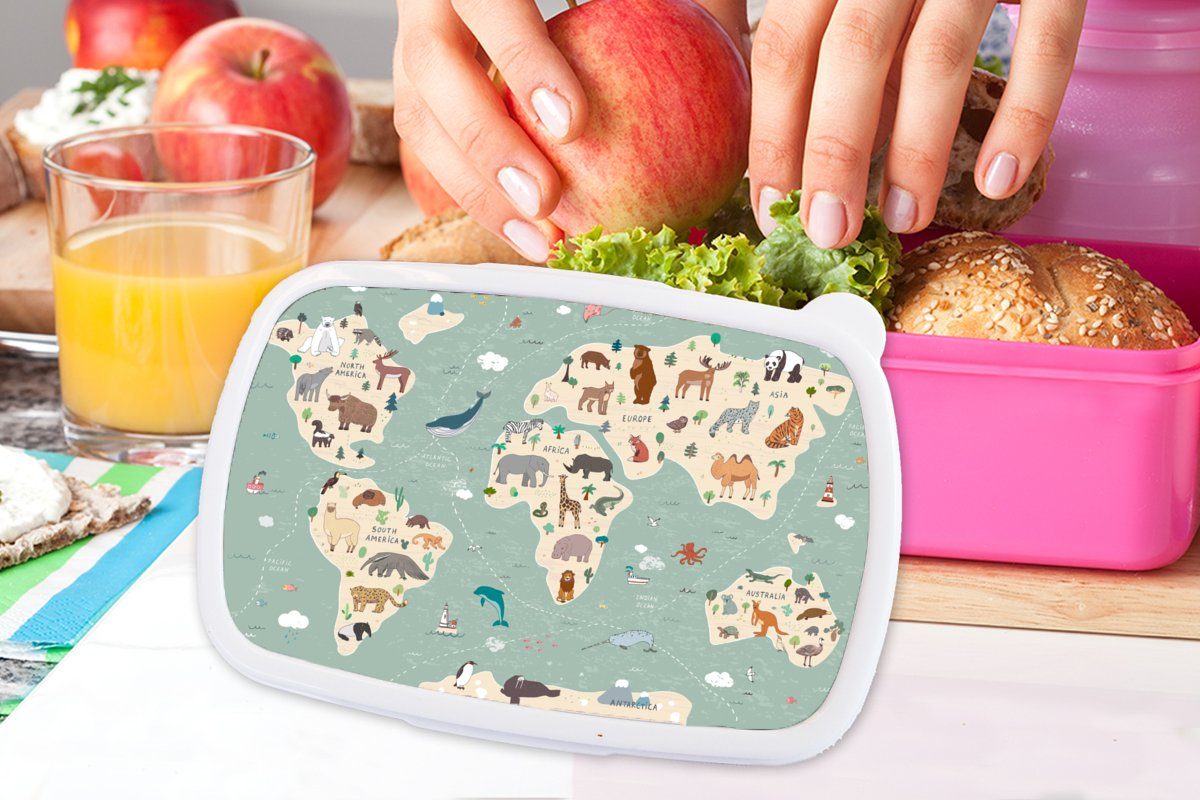 (2-tlg), Snackbox, Kunststoff - rosa Lunchbox Erde für MuchoWow Mädchen, Mädchen Weltkarte Kinder Blau, - Erwachsene, Kunststoff, Brotbox - Brotdose Jungen - Kinder, - Tiere