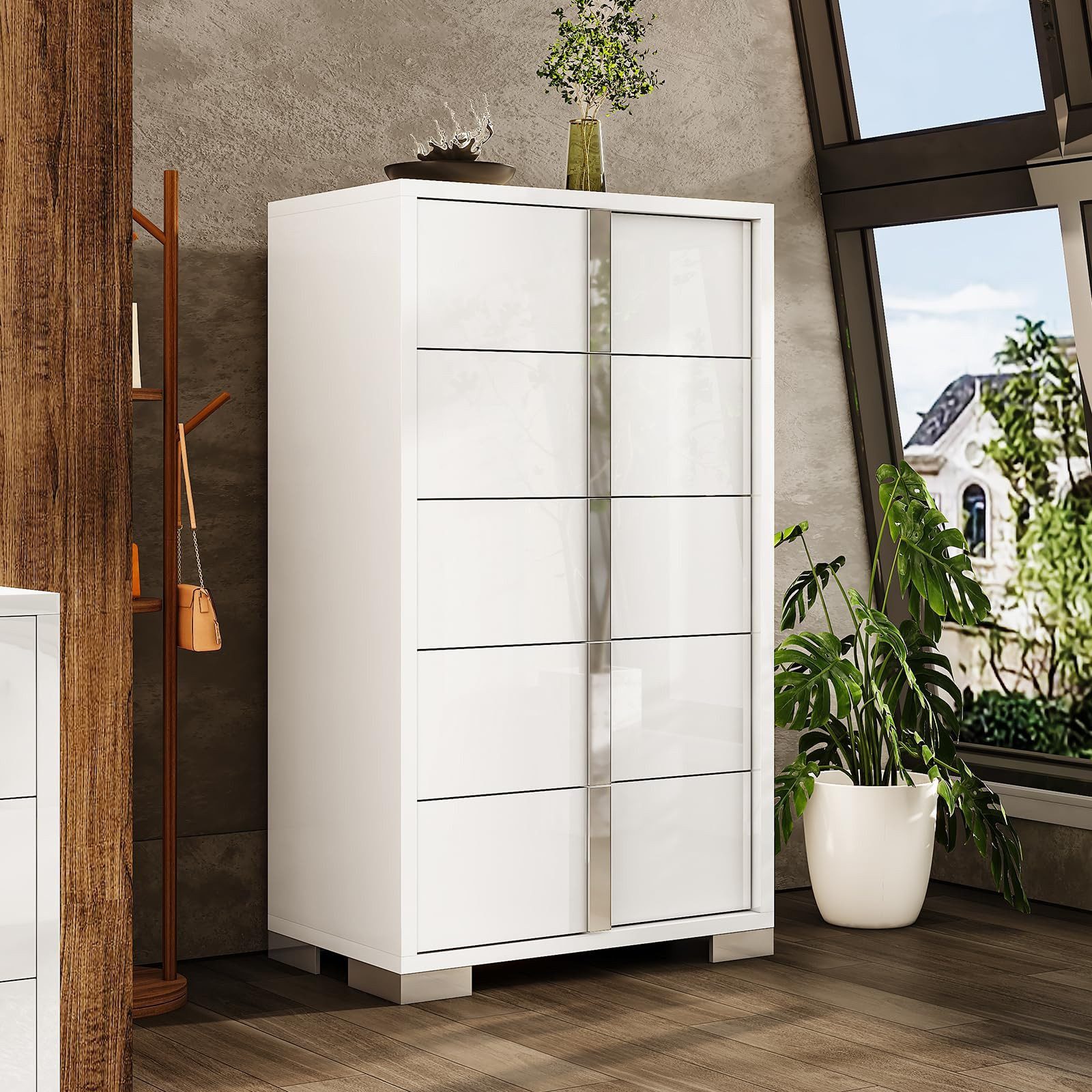 AMERLIFE Kommode Weiß Hochglanz 80x40x127,5 cm mit 5 Schubladen und Anti-Kippschutz (1 St)