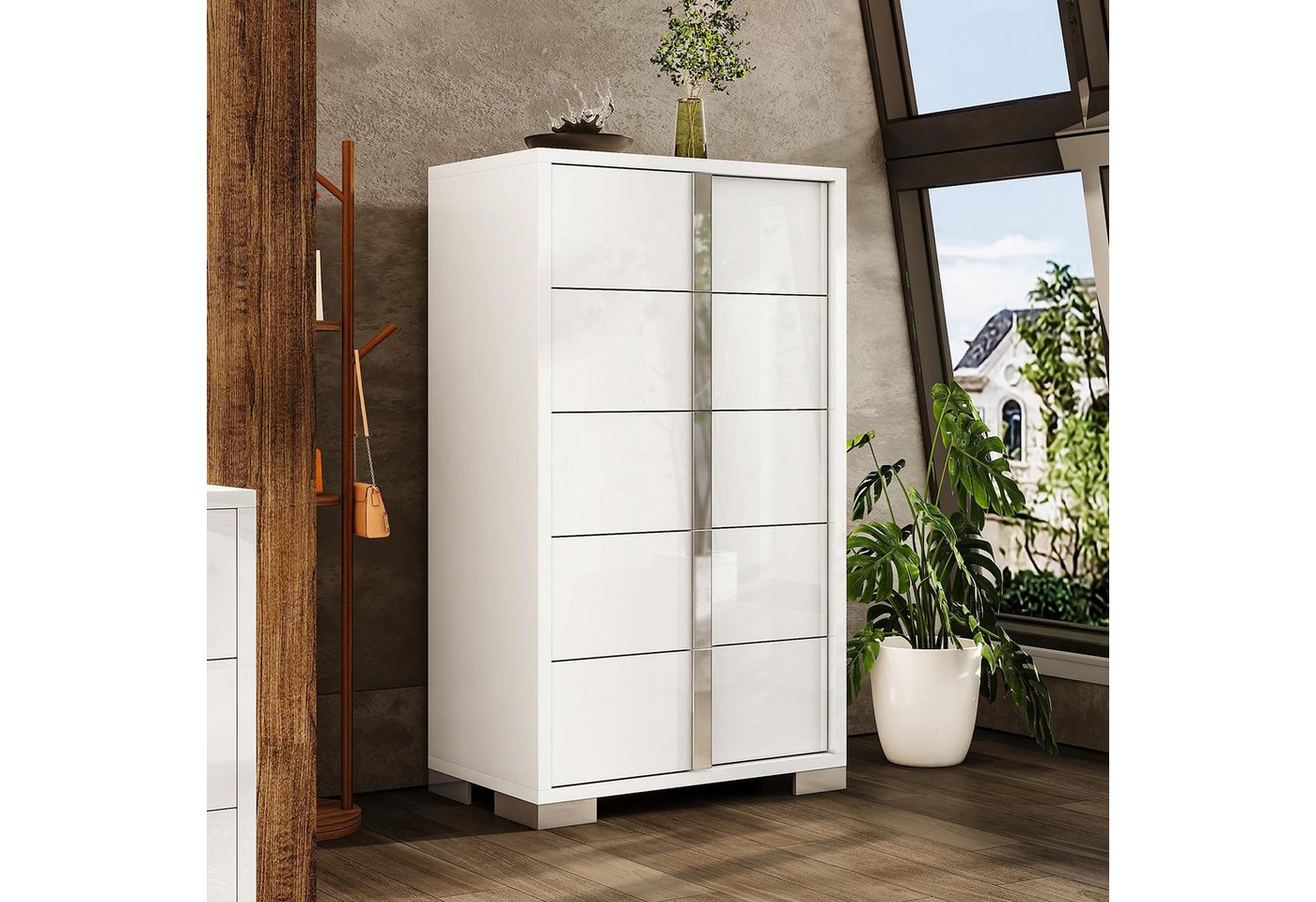 AMERLIFE Kommode Weiß Hochglanz 80x40x127,5 cm mit 5 Schubladen und Anti-Kippschutz (1 St)