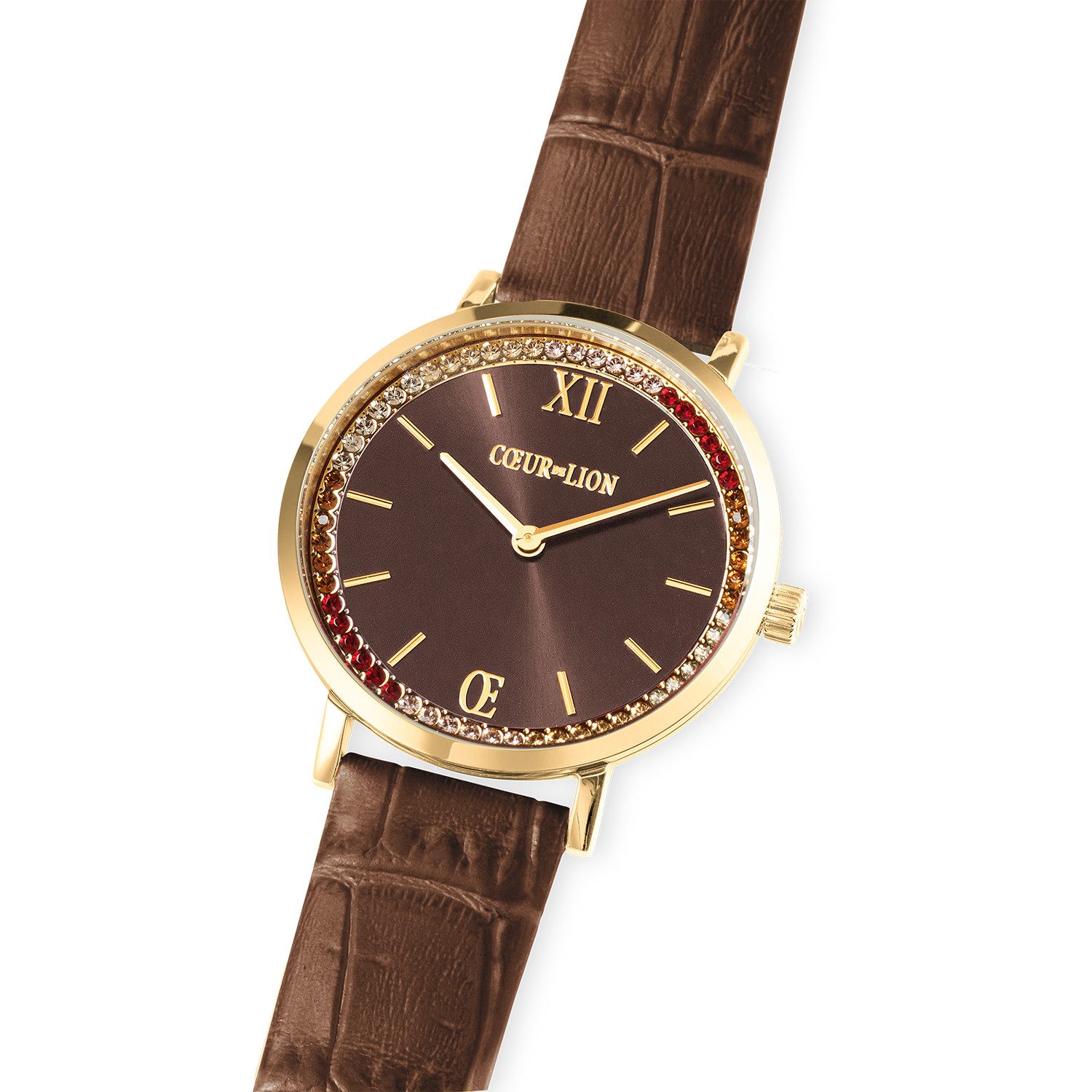 COEUR DE LION Quarzuhr Uhr Rund Sparkling Sunray Armband Leder Braun gold 7652/71-1611, Armbanduhr, Damenuhr, Lederarmband, analog, Swarovski®-Kristall