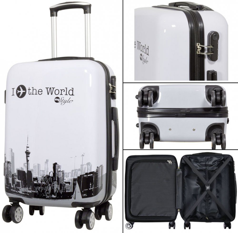 MONOPOL® Kofferset Kofferset 3tlg Reisekoffer Polycarbonat Hartschale Fly the world weiß