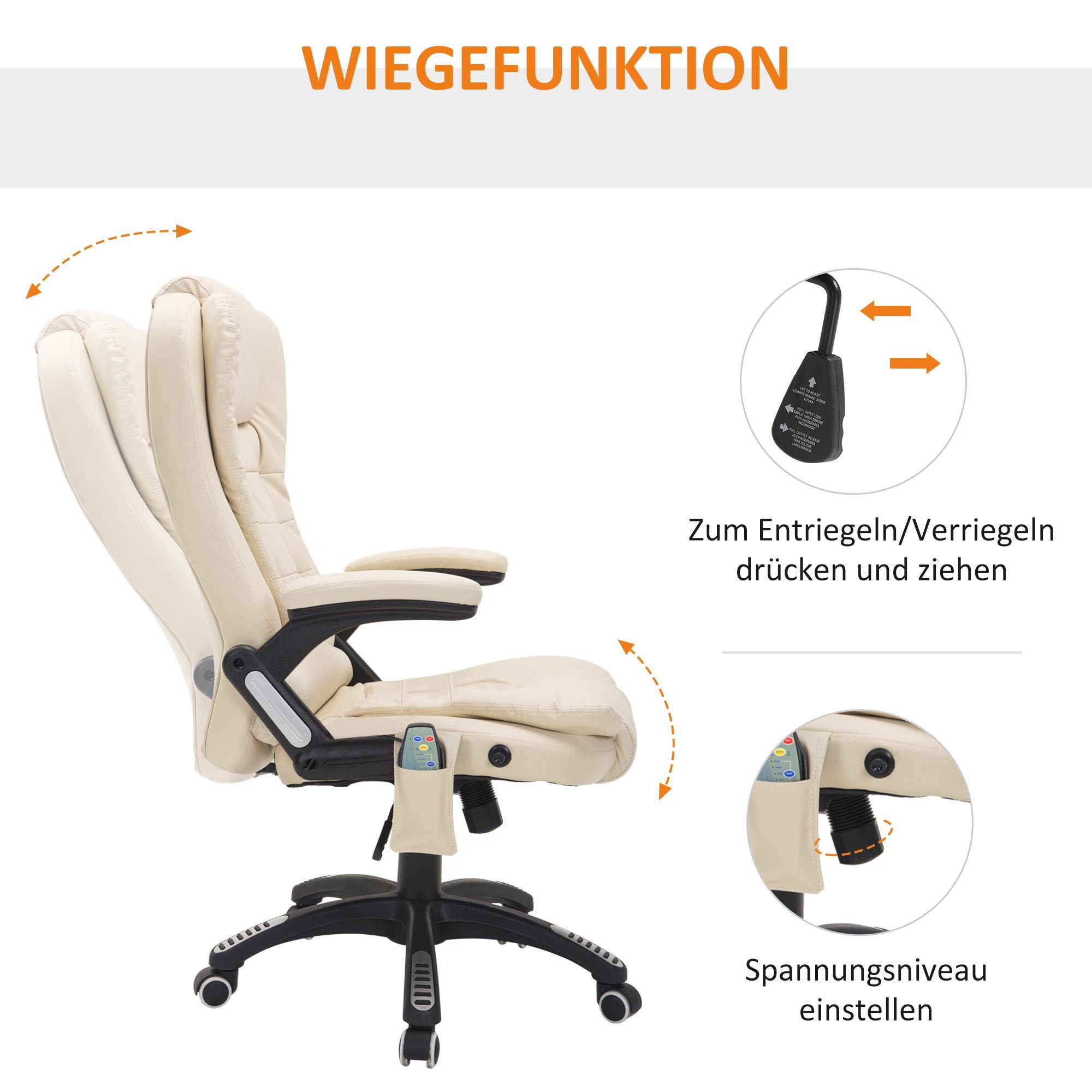 1 (Set, Schreibtischstuhl Massagesessel Bürostuhl Wärmefunktion, Beige mit HOMCOM St), Drehstuh