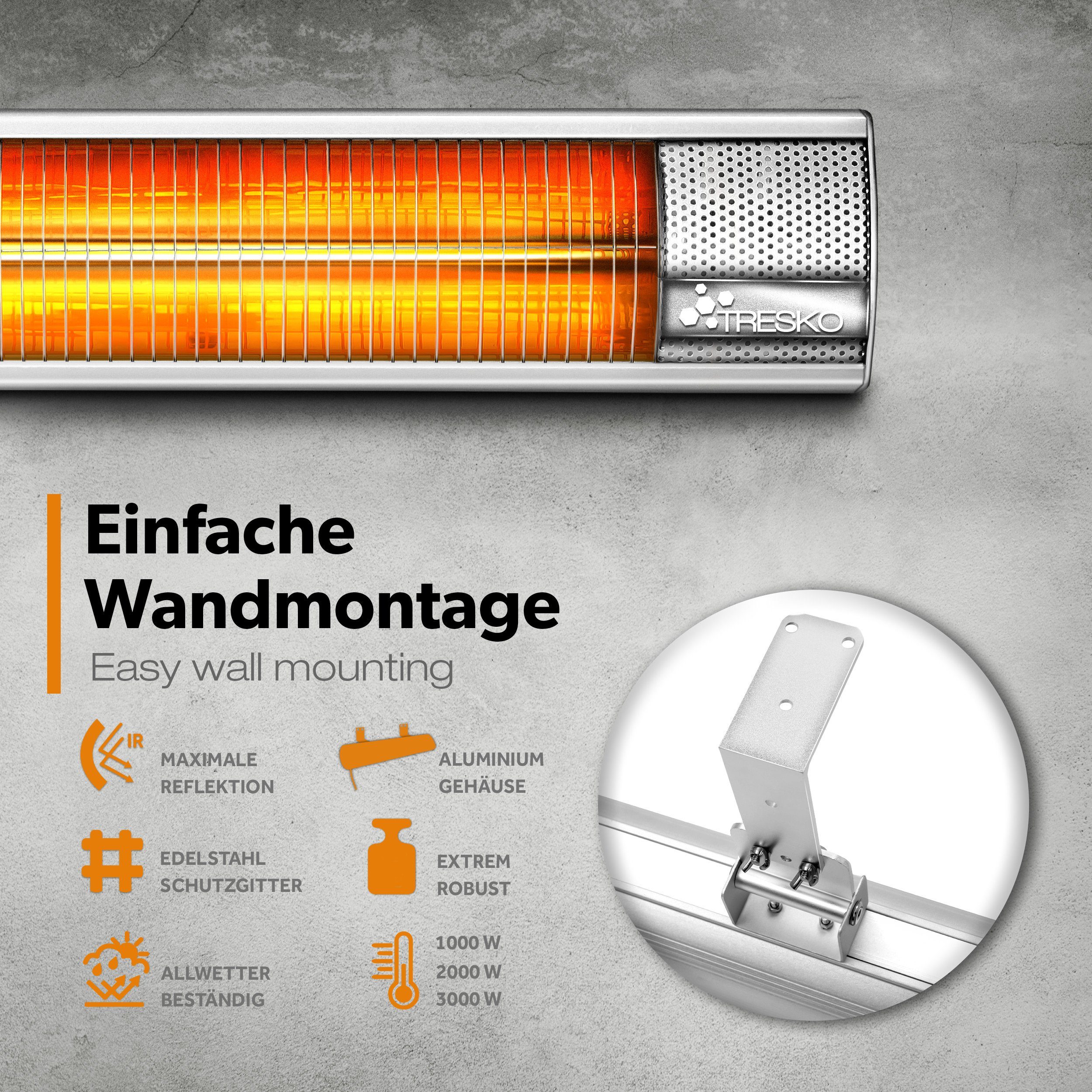 TRESKO Heizstrahler Infrarot 3000W mit Fernbedienung Wärmestrahler Terrasse elektrisch, mit 3 Heizstufen Terrassenstrahler Innen & Außen Wand-Heizstrahler