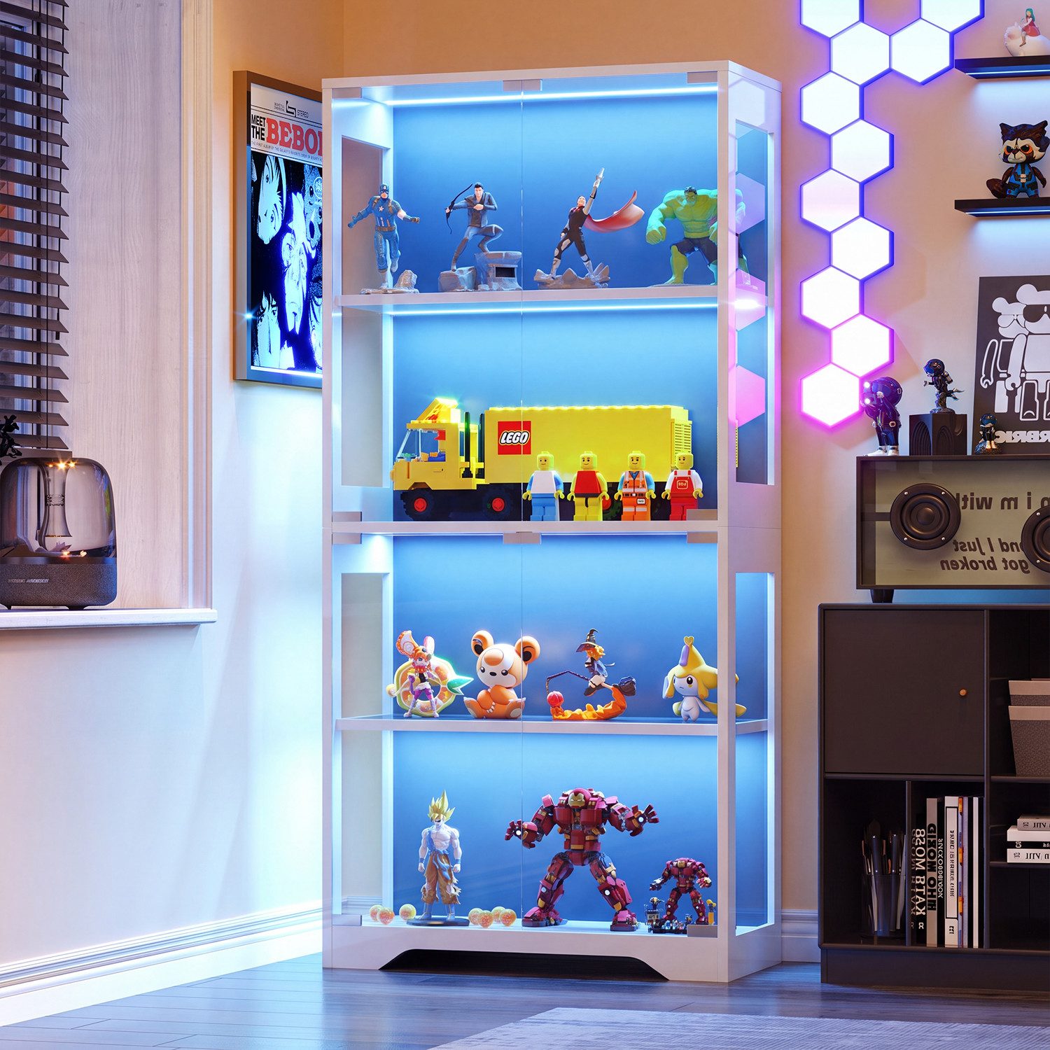 HOMALL Glasvitrine mit RGB-LED-Beleuchtung Standvitrinen, vitrine Wohnzimmer (165*80*35 cm große multifunktionale Vitrine mit App-/manueller Beleuchtungssteuerung, vier Ebenen mit doppelten Türen und unabhängigen Glasvitrinen sowie einer Gesamtbelastbarkeit von bis zu 100 kg)