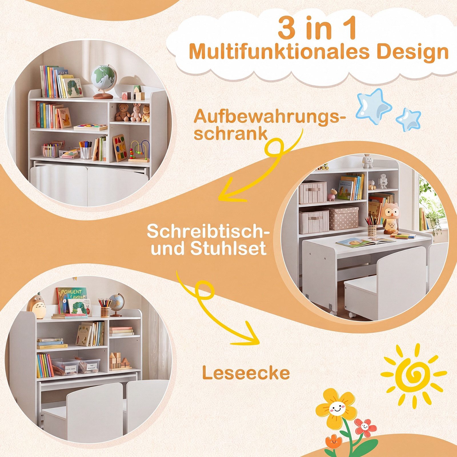 COSTWAY Kindertisch (4-St), 3 in 1 Kinderregal mit Tisch auf Rollen, 2 Stuhl