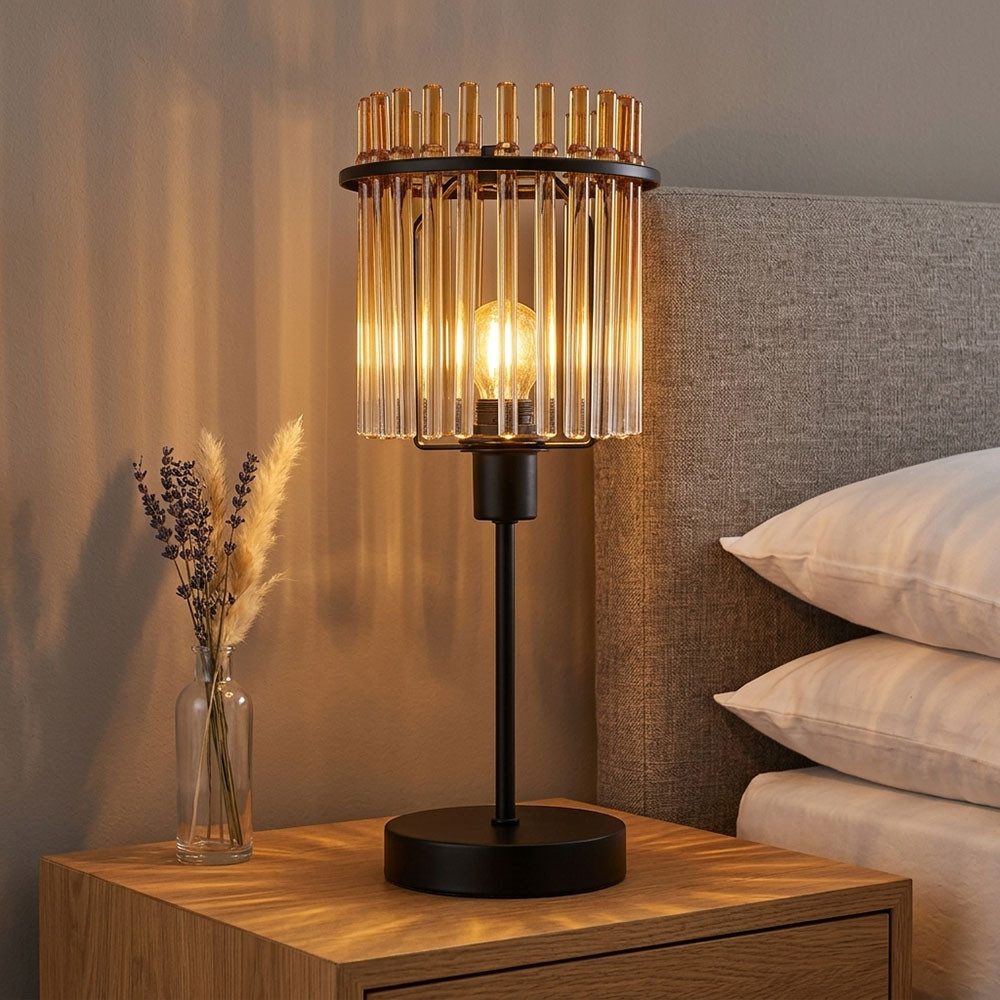 GLOBO LIGHTING Schreibtischlampe, Leuchtmittel inklusive, Warmweiß, LED Tischleuchte Tischlampe Schreibtischlampe Glas Amber Höhe 37,5 cm