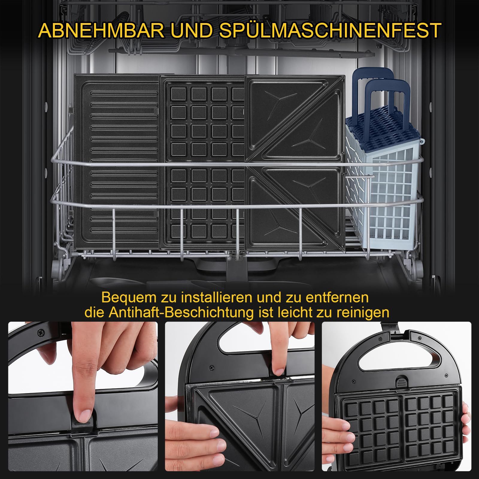 ibettertec 3-in-1-Kombi-Waffeleisen Waffeleisen, Sandwichmaker 3 in 1, Multifunktionsgerät Doppel, 760,00 W, 3 Abnehmbare Platten, Antihaftbeschichtung, LED-Leu – Bild 4 von 5
