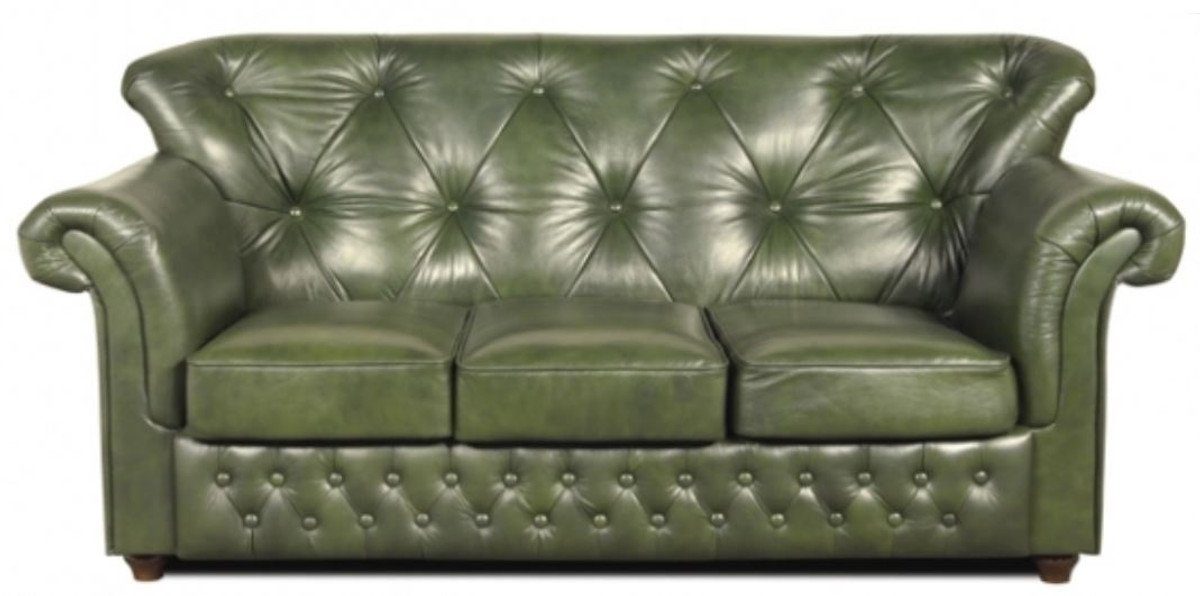 Casa Padrino Chesterfield-Sofa Chesterfield Echtleder 3er Sofa in grün mit dunkelbraunen Füßen 200 x 80 x H. 85 cm - Luxus Qualität