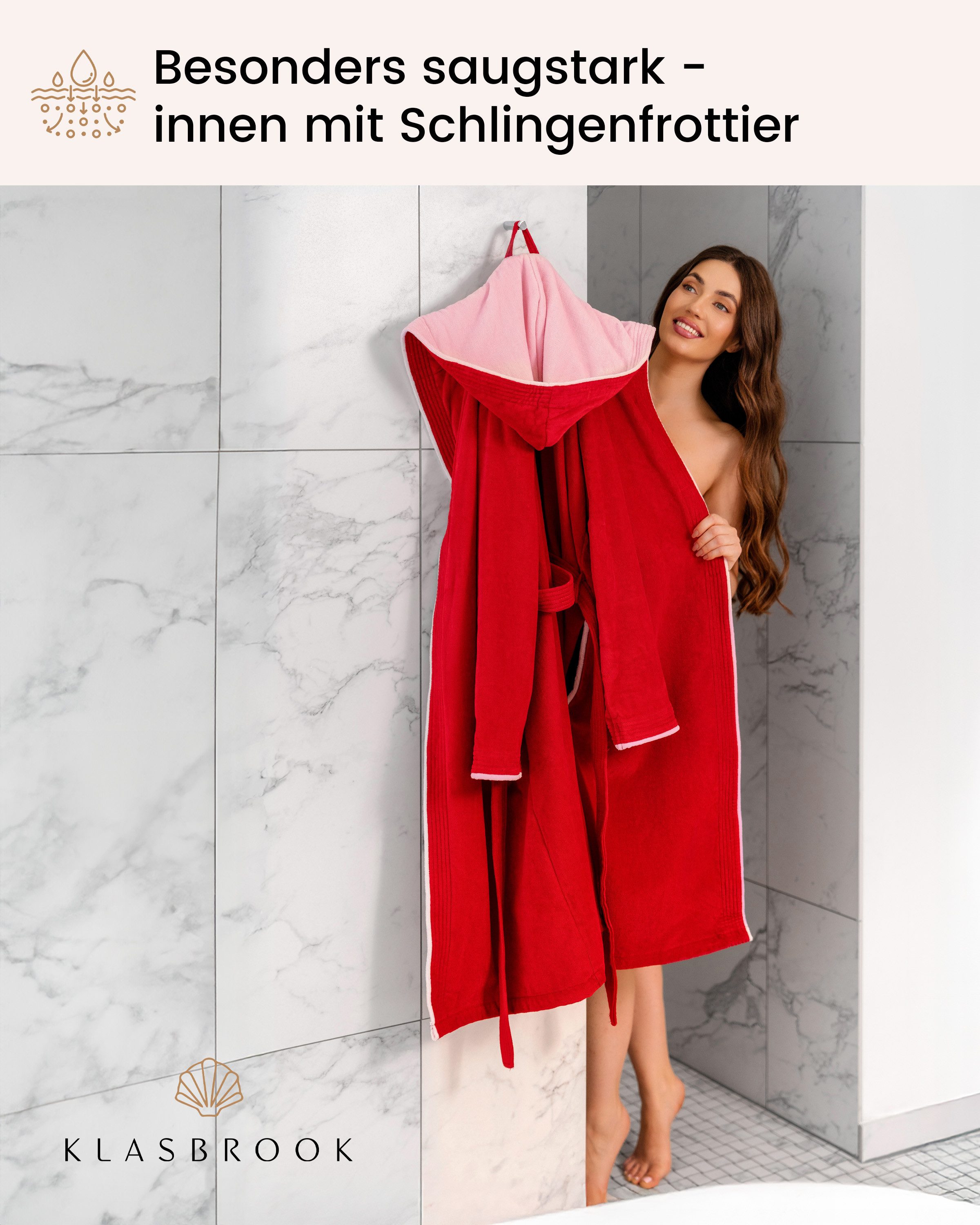 KLASBROOK Damenbademantel Lina, Kapuze, mit Kapuze aus 100% Baumwolle, Tasche mit Reißverschluss, flauschig
