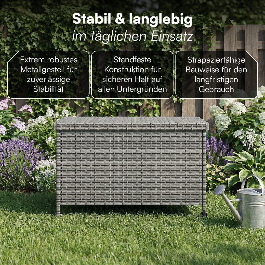 STEELSØN Aufbewahrungsbox Serion Gartenkiste aus Polyrattan (grau, 110 x 55 x 60 cm, mit Rollen), herausnehmbare Innenplane, wetterfeste Gartenbox mit Metallges – Bild 2 von 5