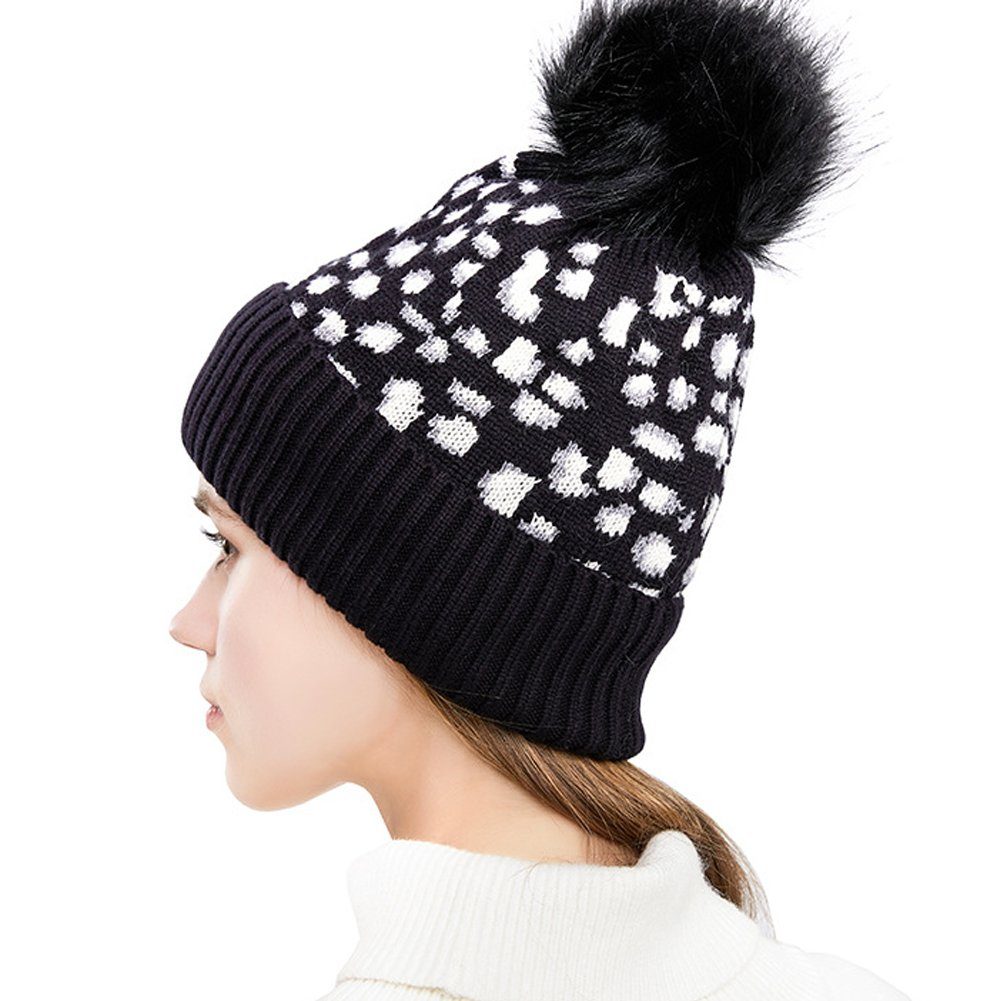 Schwarz Mütze ManKle Beanie Strickmütze Strickmütze Damen Pompon Wintermütze Winter