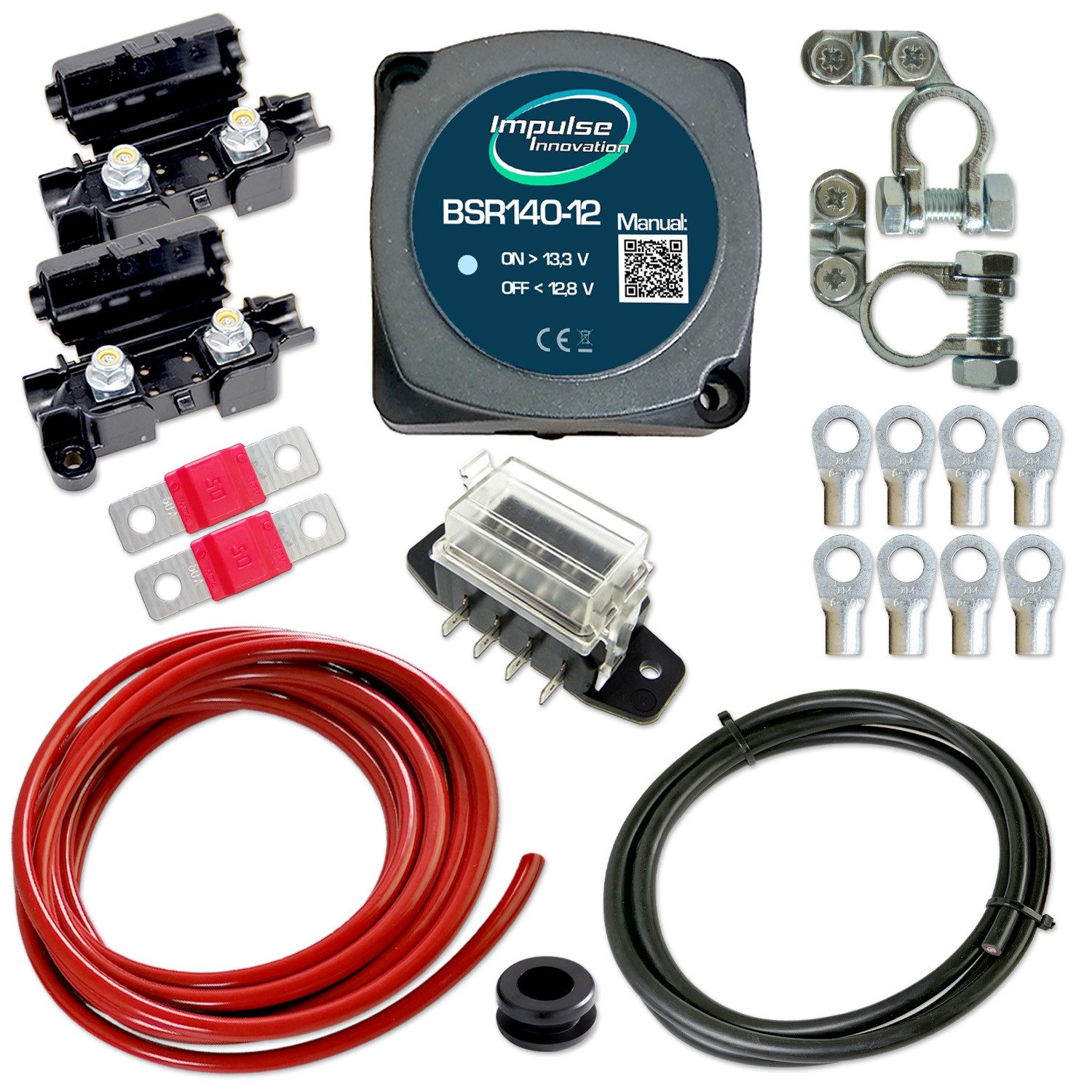 Impulse Innovation Batterie-Trennrelais Zweitbatterieset 12V BSR140-12 6-fach Sicherungshalter & 6m Kabel