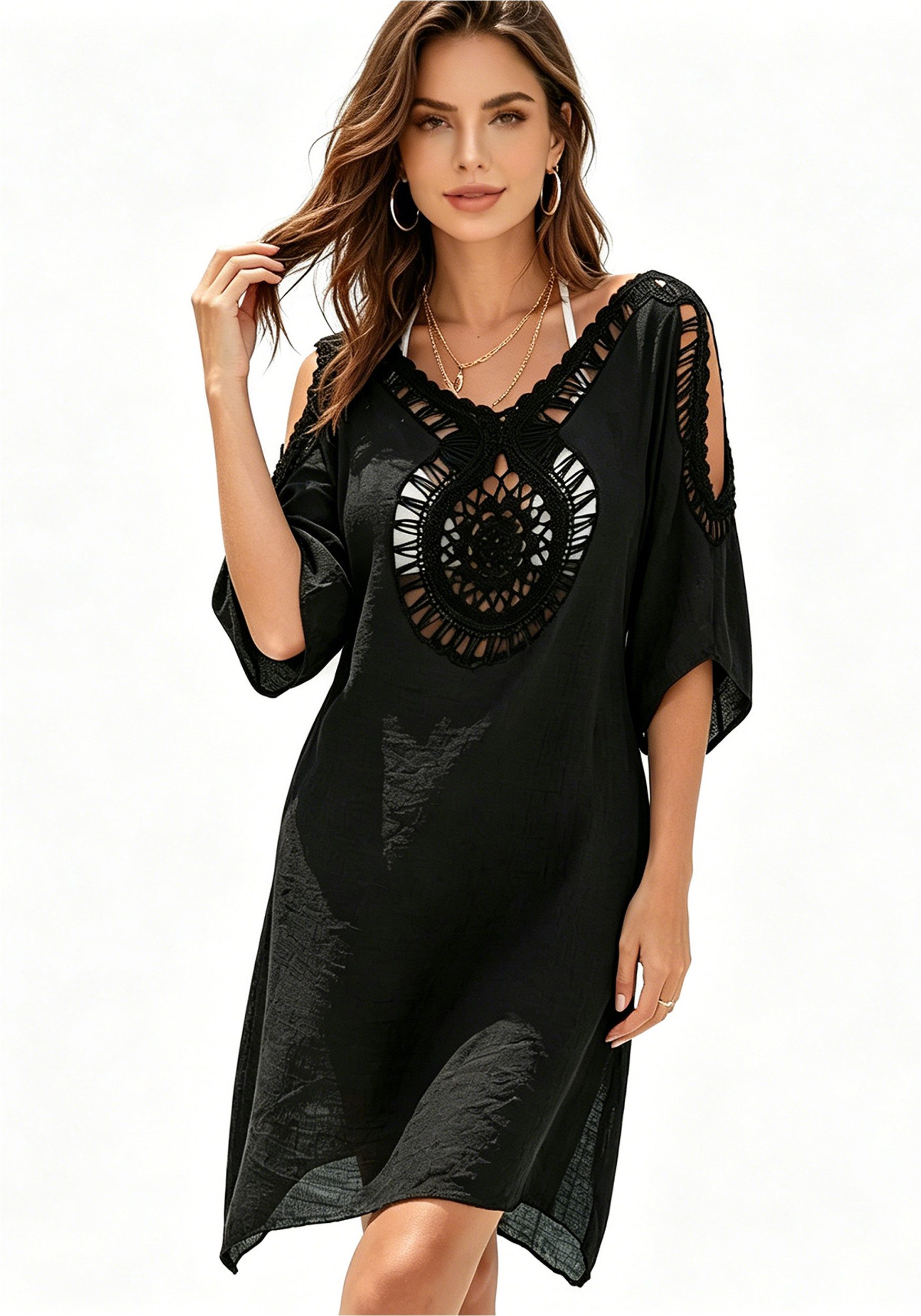 Mutig Strandkleid Damen Strandkleid Bikini Cover Up Sommer Strandponcho (Strandurlaub Badeanzug,V-Ausschnitt Beachwear,Bikini Cover-Ups, Badeanzug Überwurf, Badebekleidung Cover-up) für Urlaub, Pool, Meer, Spa, Strand und Party