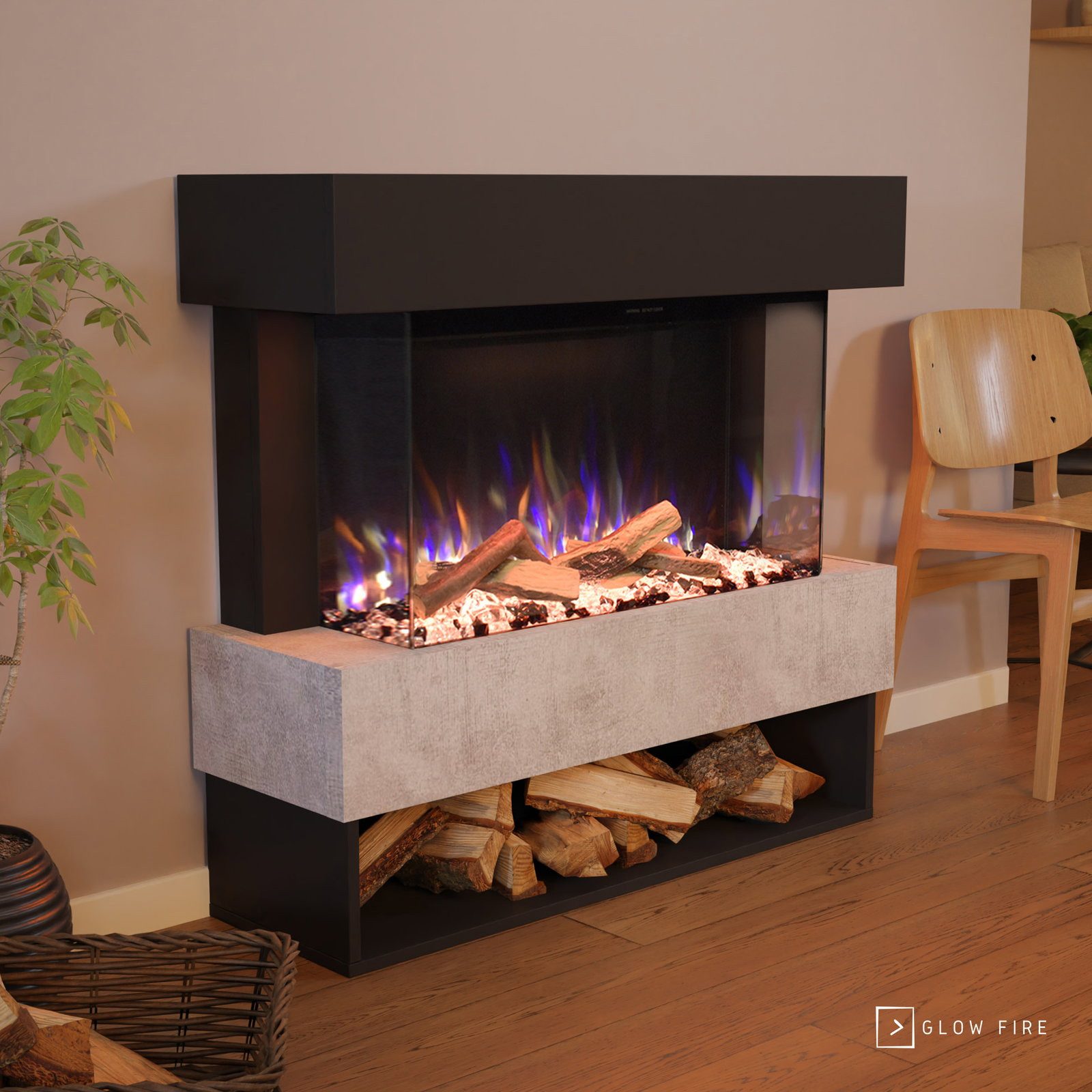 GLOW FIRE Elektrokamin PR5 E-Motion 3D, Elektrischer Kamin mit 3D Feuer mit Heizung, täuschend echte Flamme mit Heizung, 3 Dekorationen